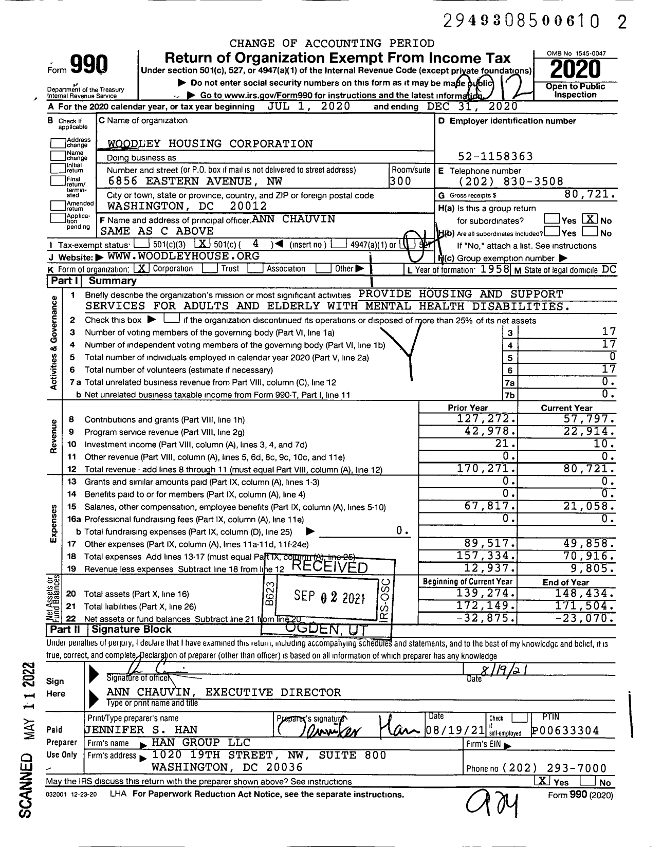 Image of first page of 2020 Form 990O for Woodley Housing Corporation