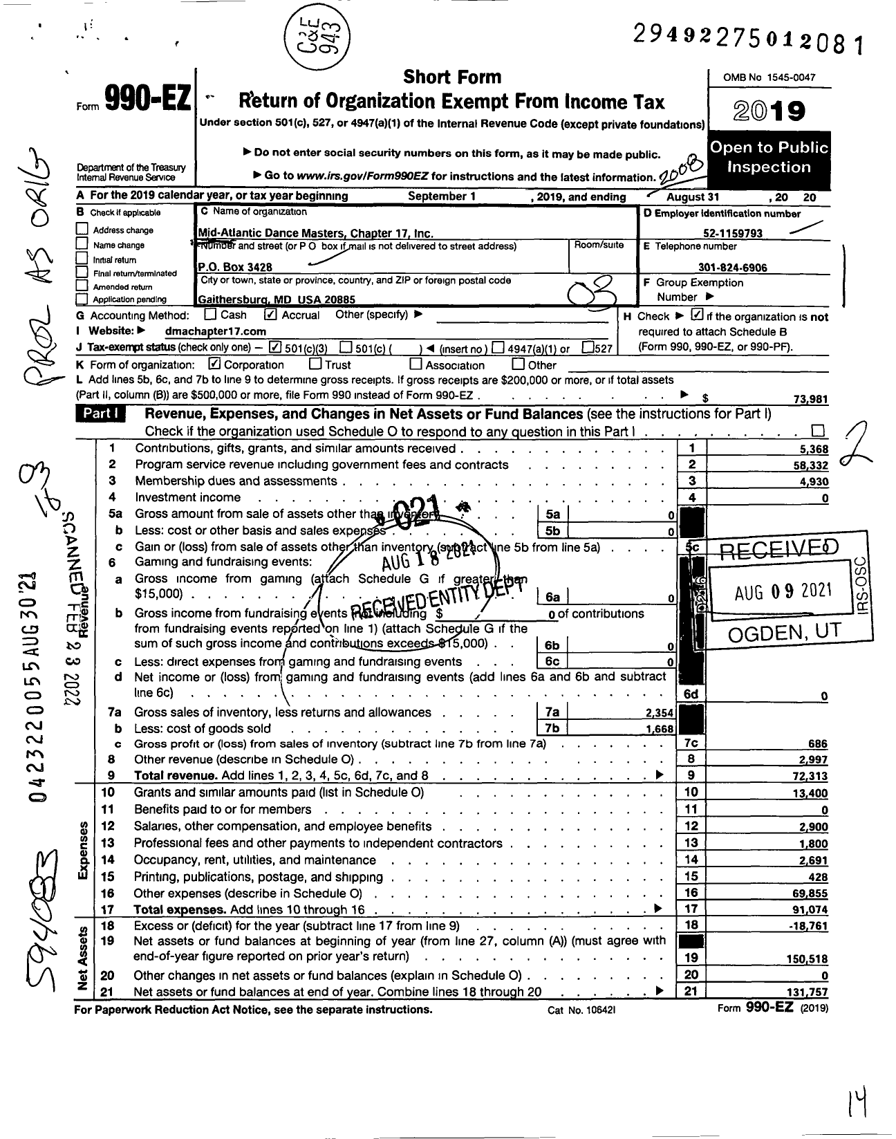 Image of first page of 2019 Form 990EZ for Mid-Atlantic Dance Masters Chapter 17