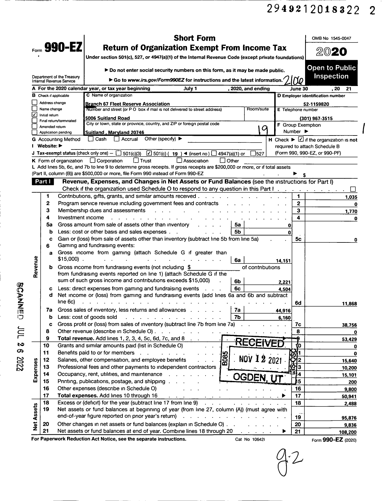 Image of first page of 2020 Form 990EO for Branch 67 Fleet Reserve Association