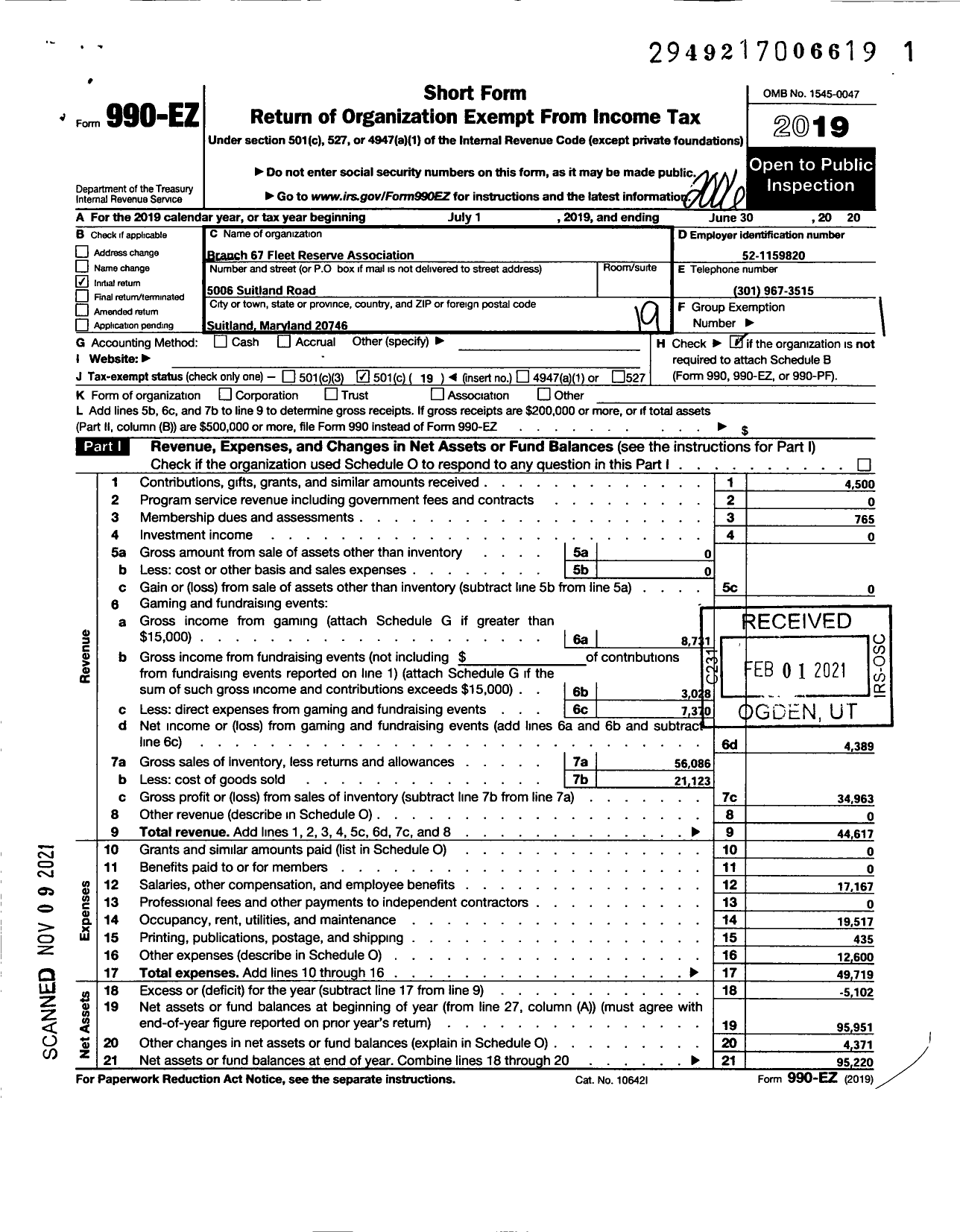 Image of first page of 2019 Form 990EO for Branch 67 Fleet Reserve Association