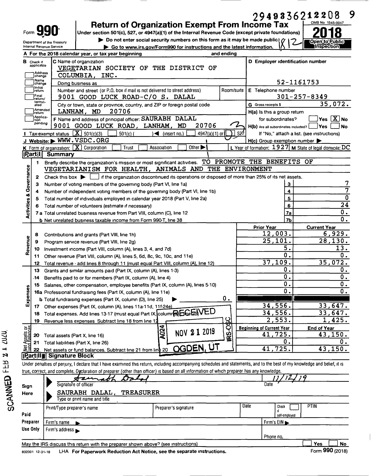 Image of first page of 2018 Form 990 for Vegetarian Society of the District of Columbia