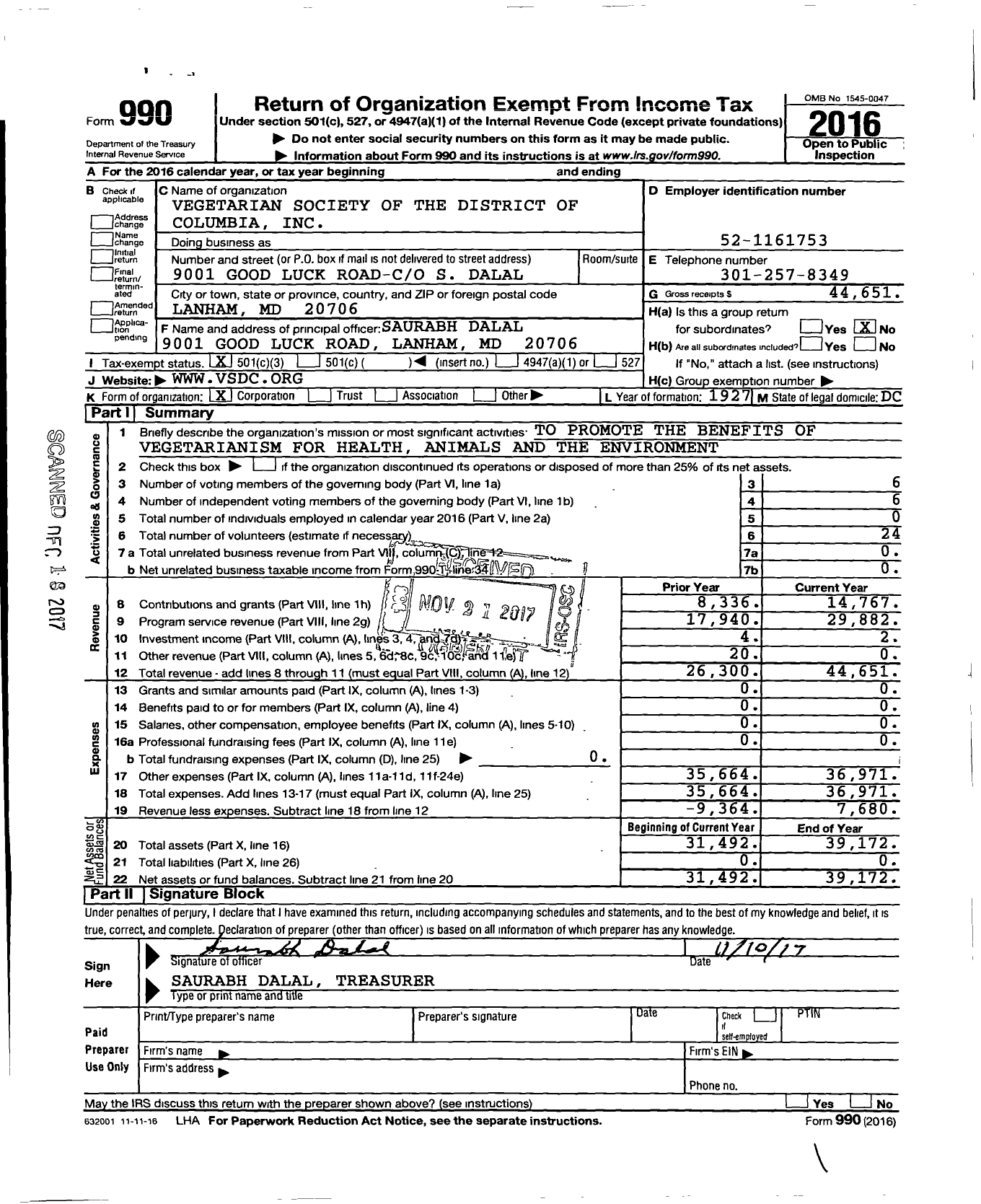 Image of first page of 2016 Form 990 for Vegetarian Society of the District of Columbia