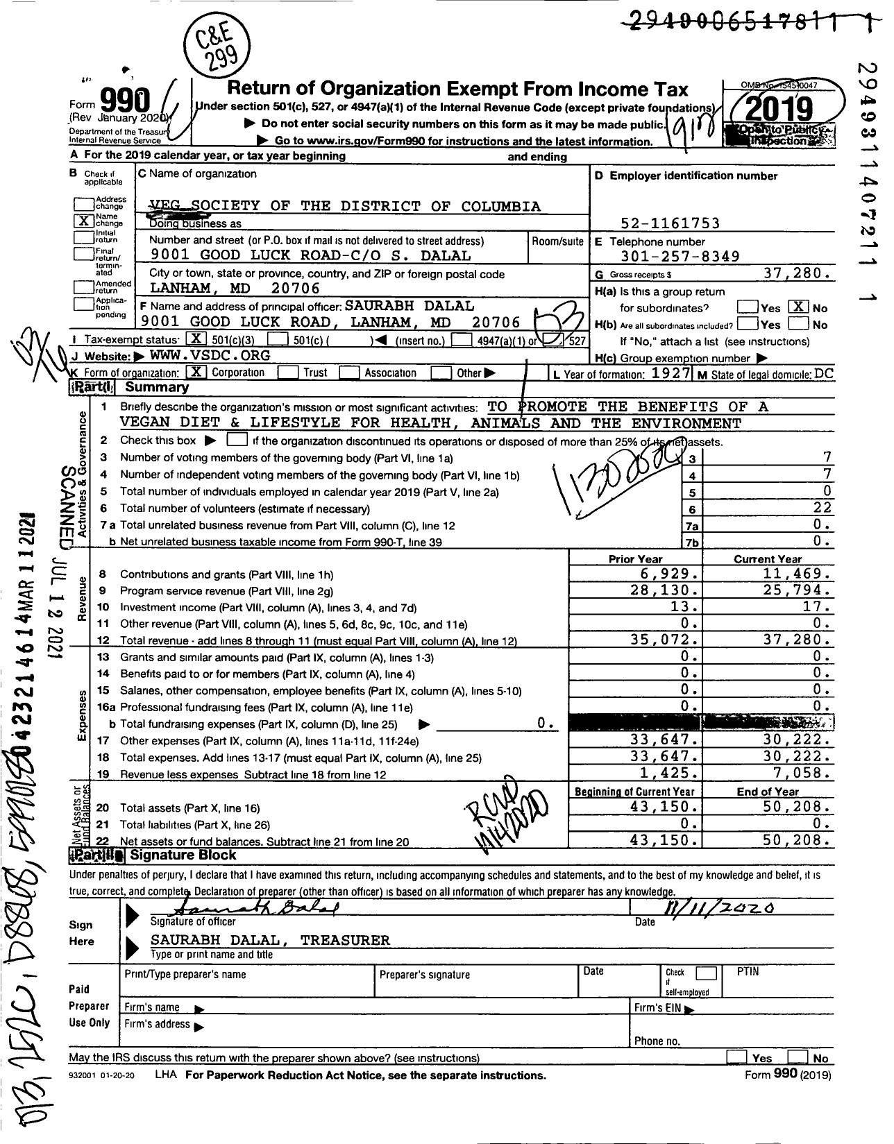 Image of first page of 2019 Form 990 for Vegetarian Society of the District of Columbia