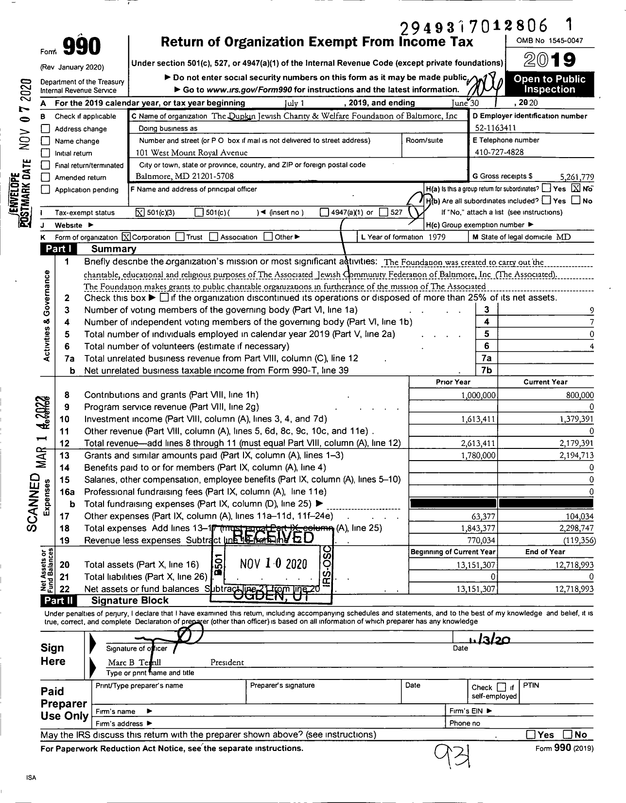 Image of first page of 2019 Form 990 for The Dupkin Jewish Charity and Welfare Foundation of Baltimore