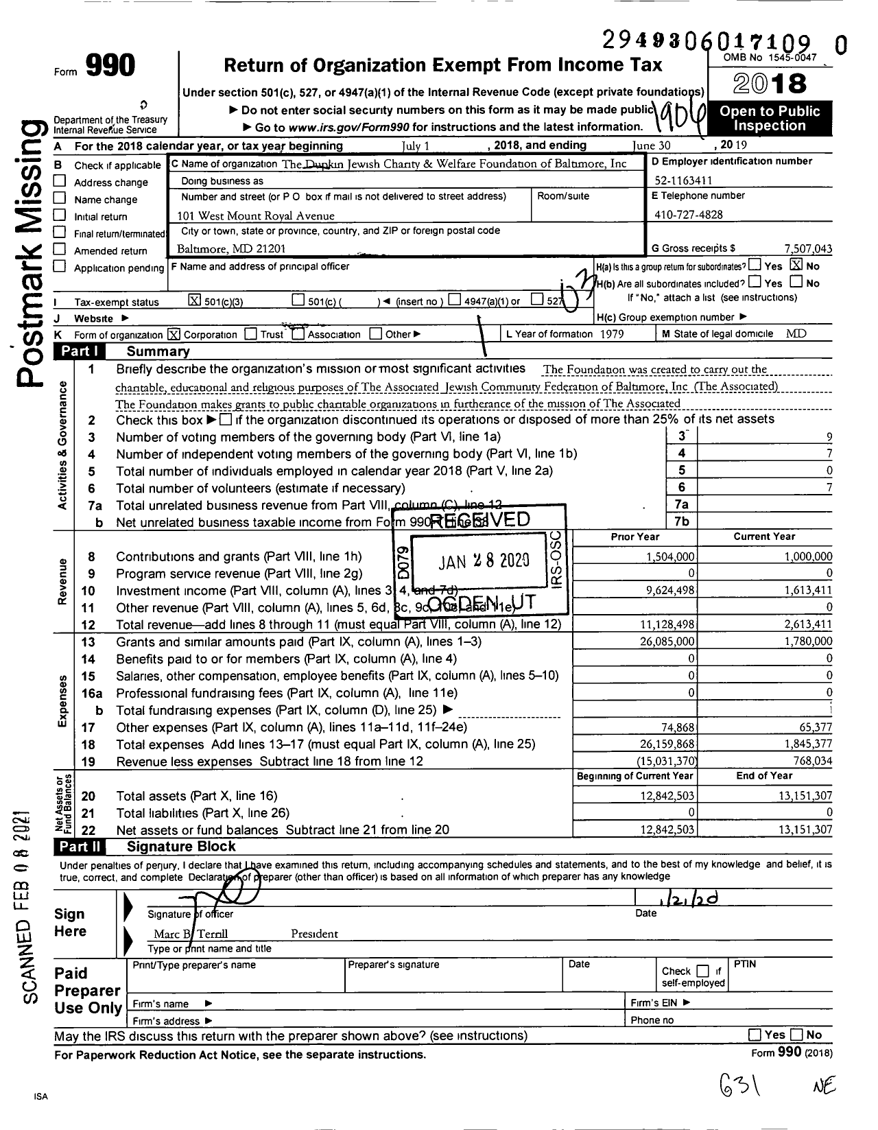 Image of first page of 2018 Form 990 for The Dupkin Jewish Charity and Welfare Foundation of Baltimore