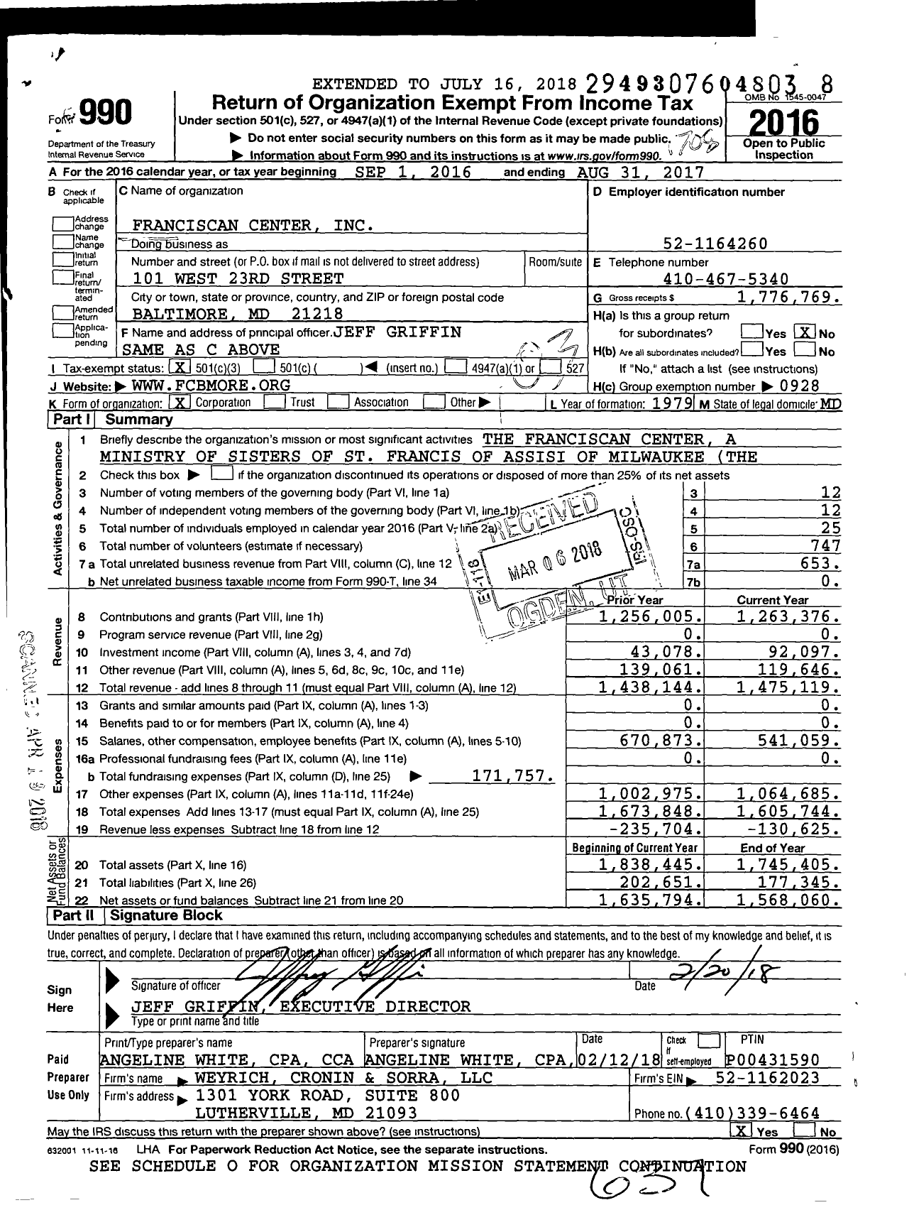 Image of first page of 2016 Form 990 for Franciscan Center