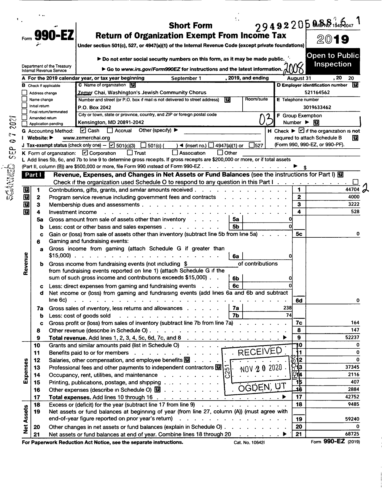 Image of first page of 2019 Form 990EZ for Zemer Chai Washingtons Jewish Community Chorus