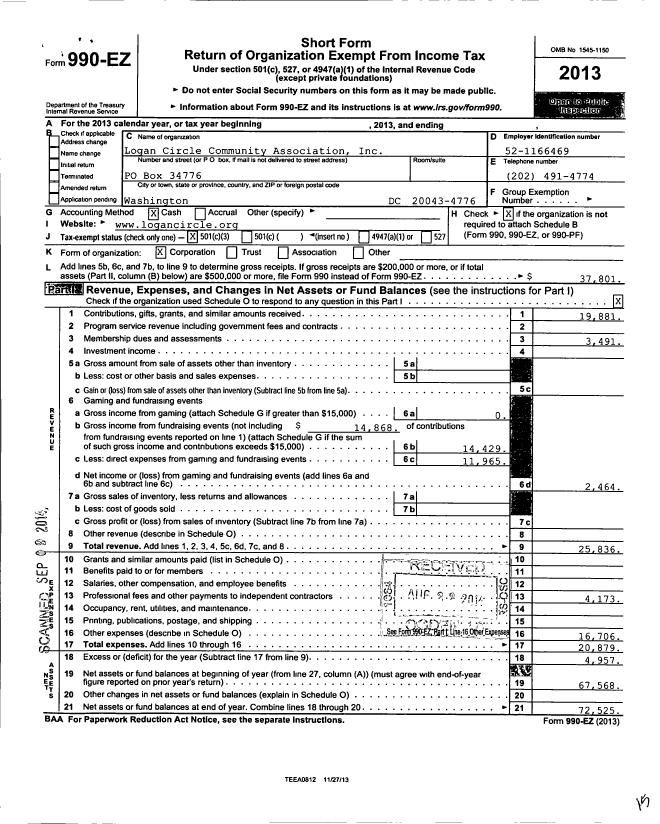 Image of first page of 2013 Form 990EZ for Logan Circle Community Association