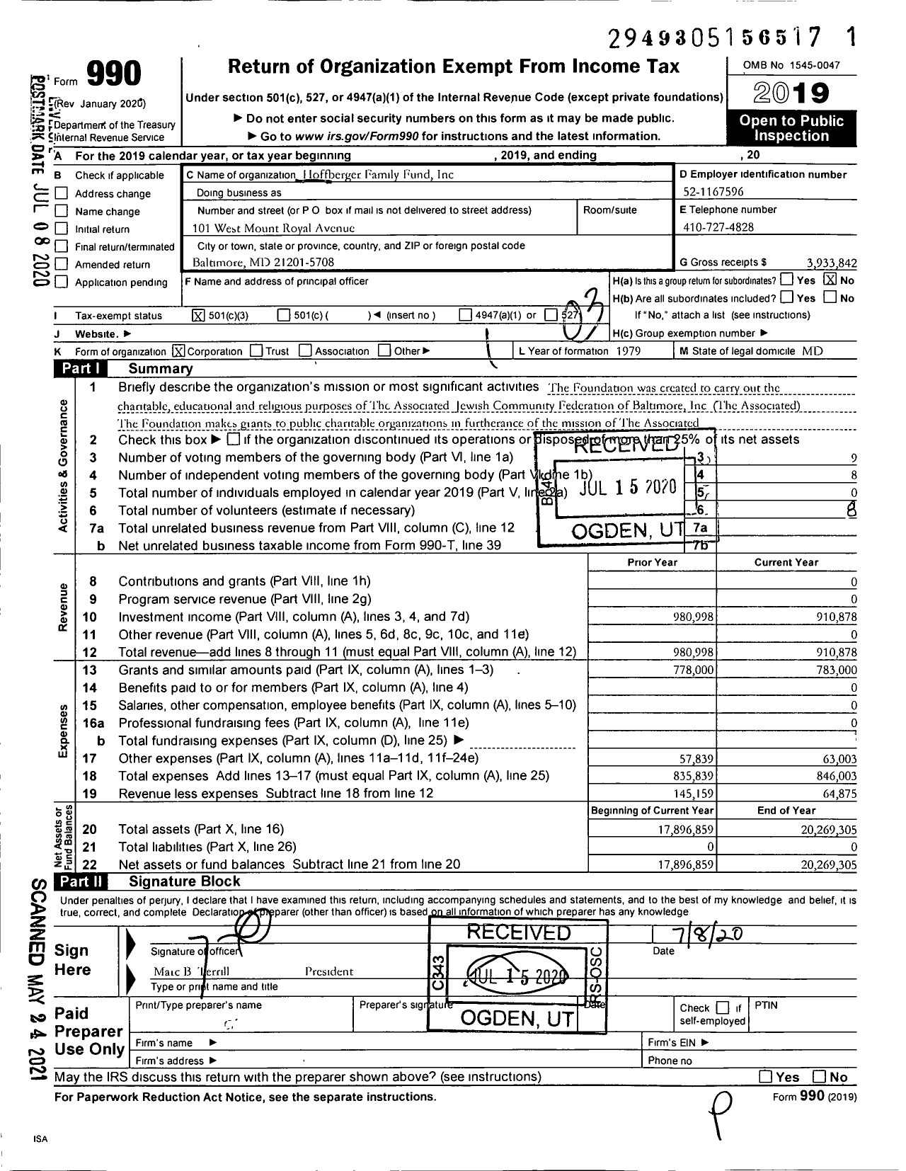 Image of first page of 2019 Form 990 for Hoffberger Family Fund