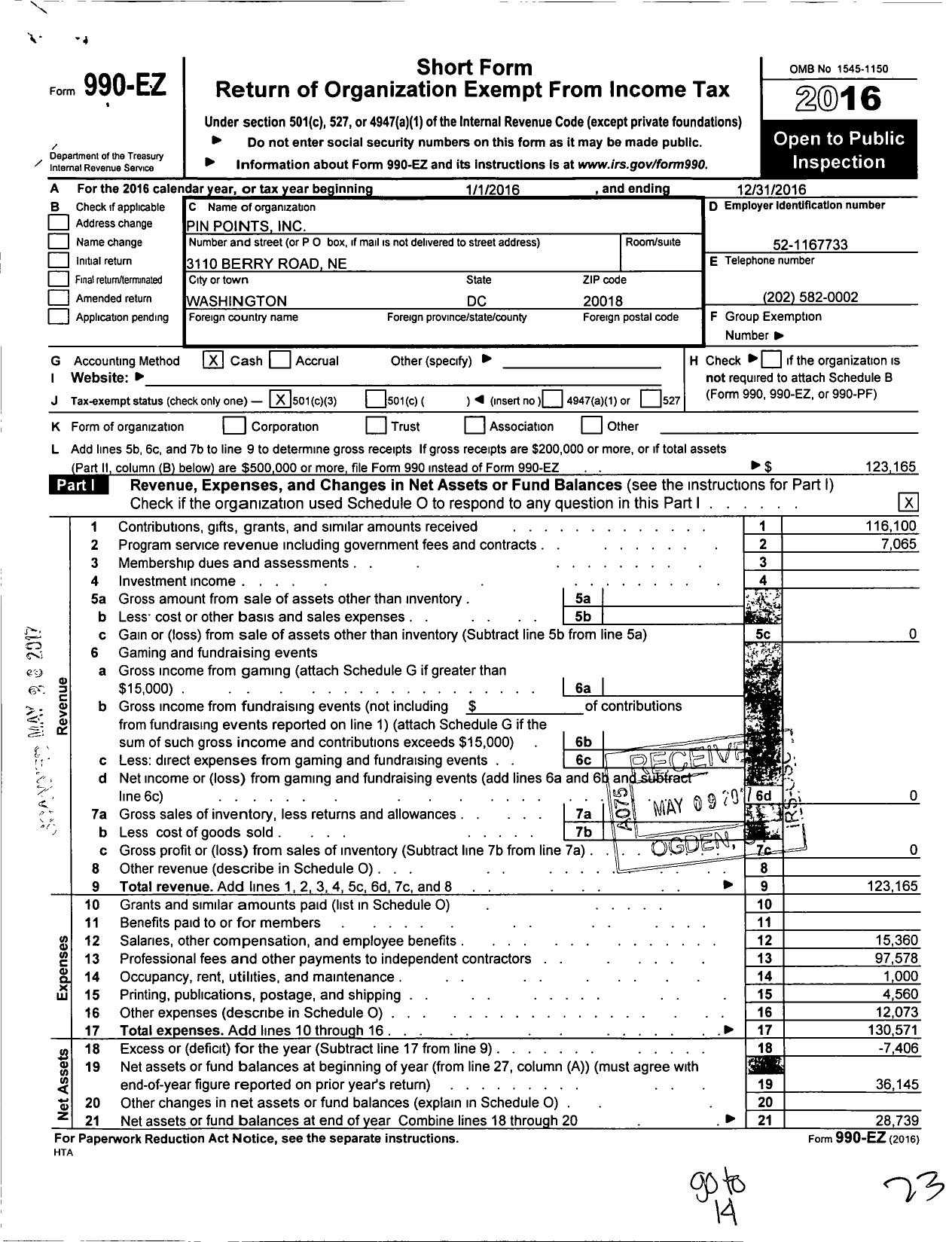 Image of first page of 2016 Form 990EZ for Pin Points