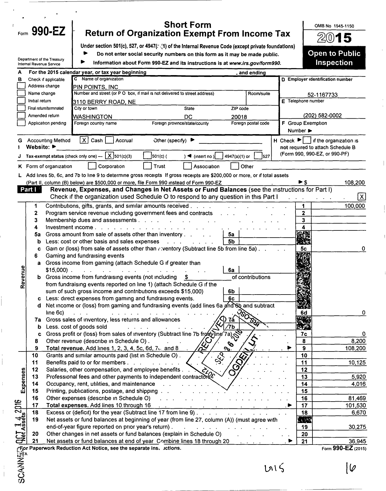 Image of first page of 2015 Form 990EZ for Pin Points