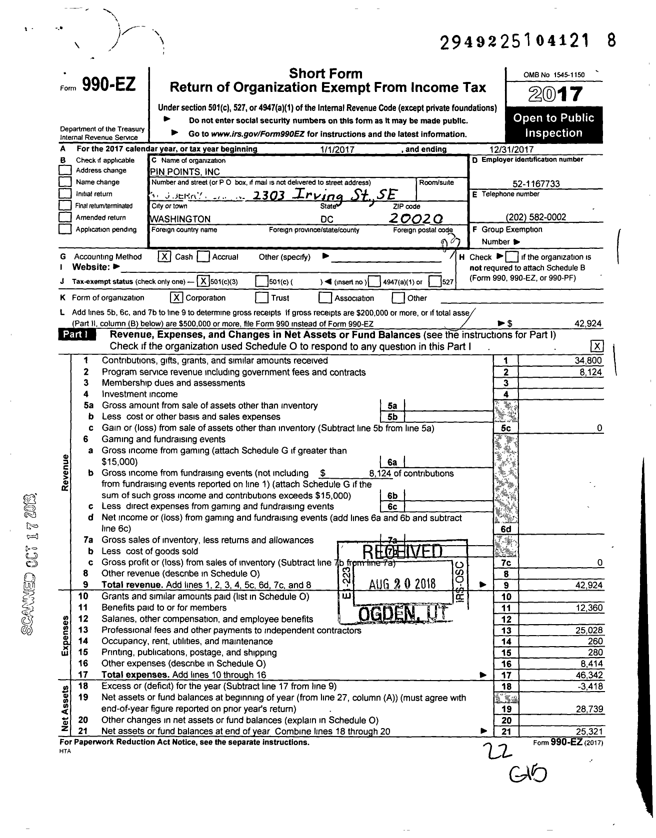 Image of first page of 2017 Form 990EZ for Pin Points