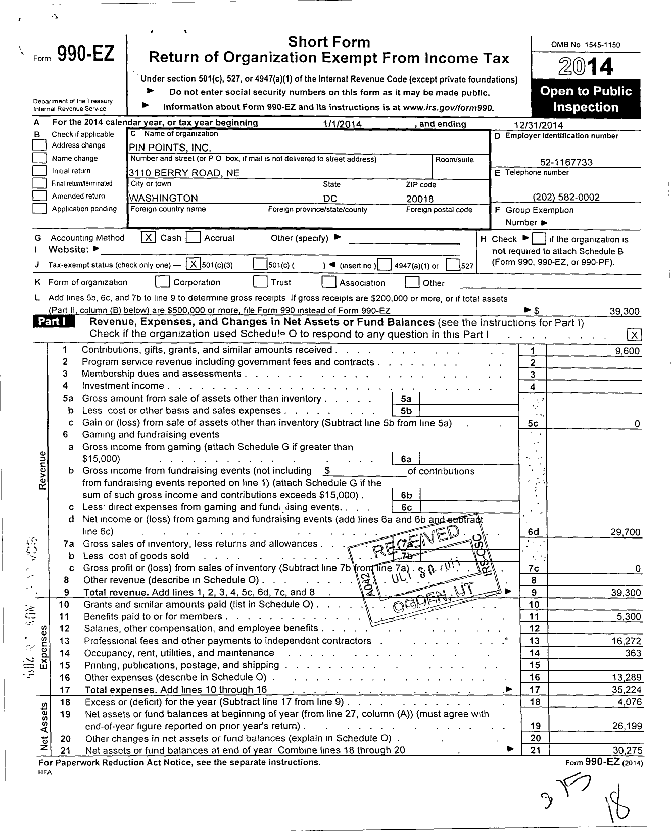 Image of first page of 2014 Form 990EZ for Pin Points