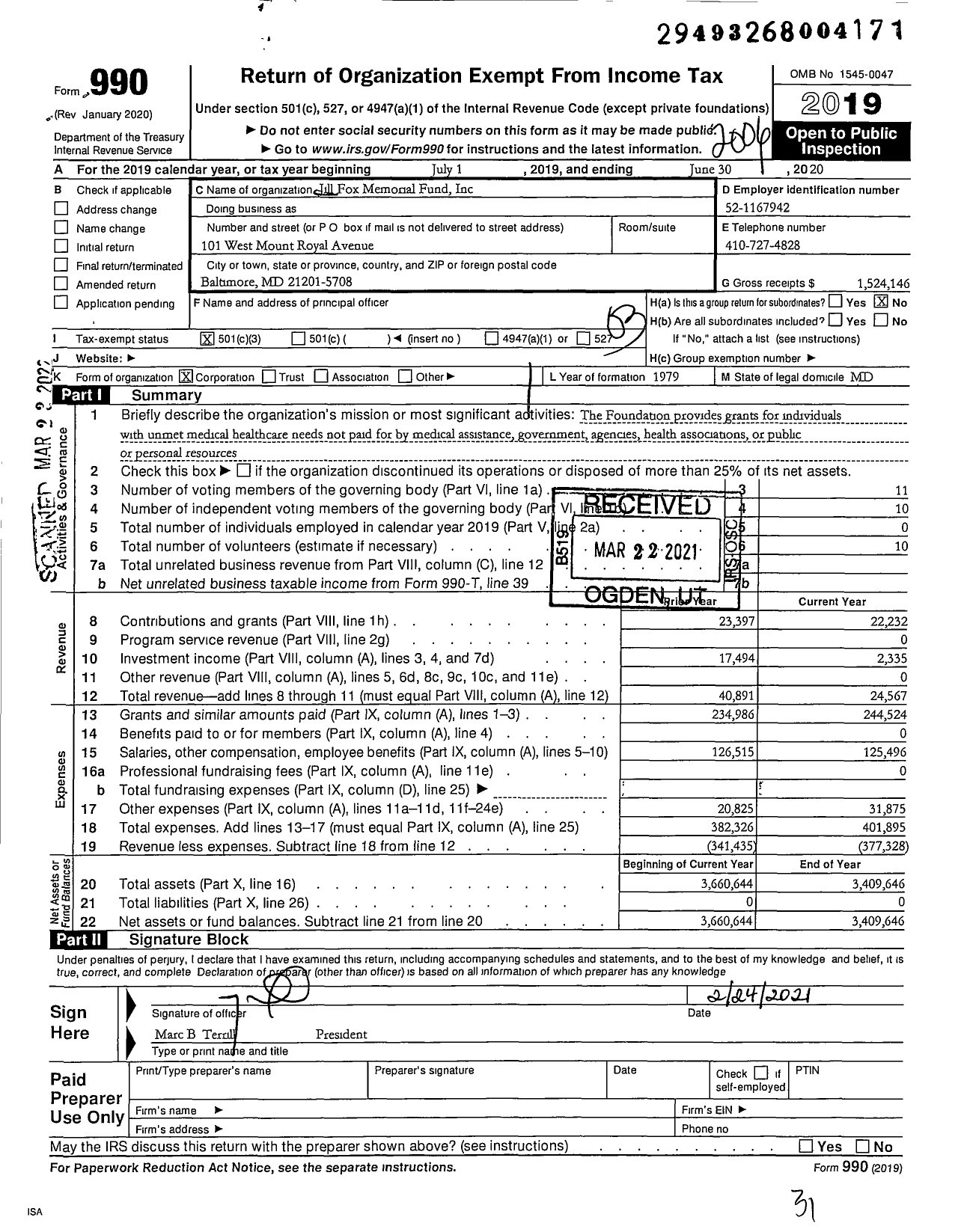 Image of first page of 2019 Form 990 for Jill Fox Memorial Fund