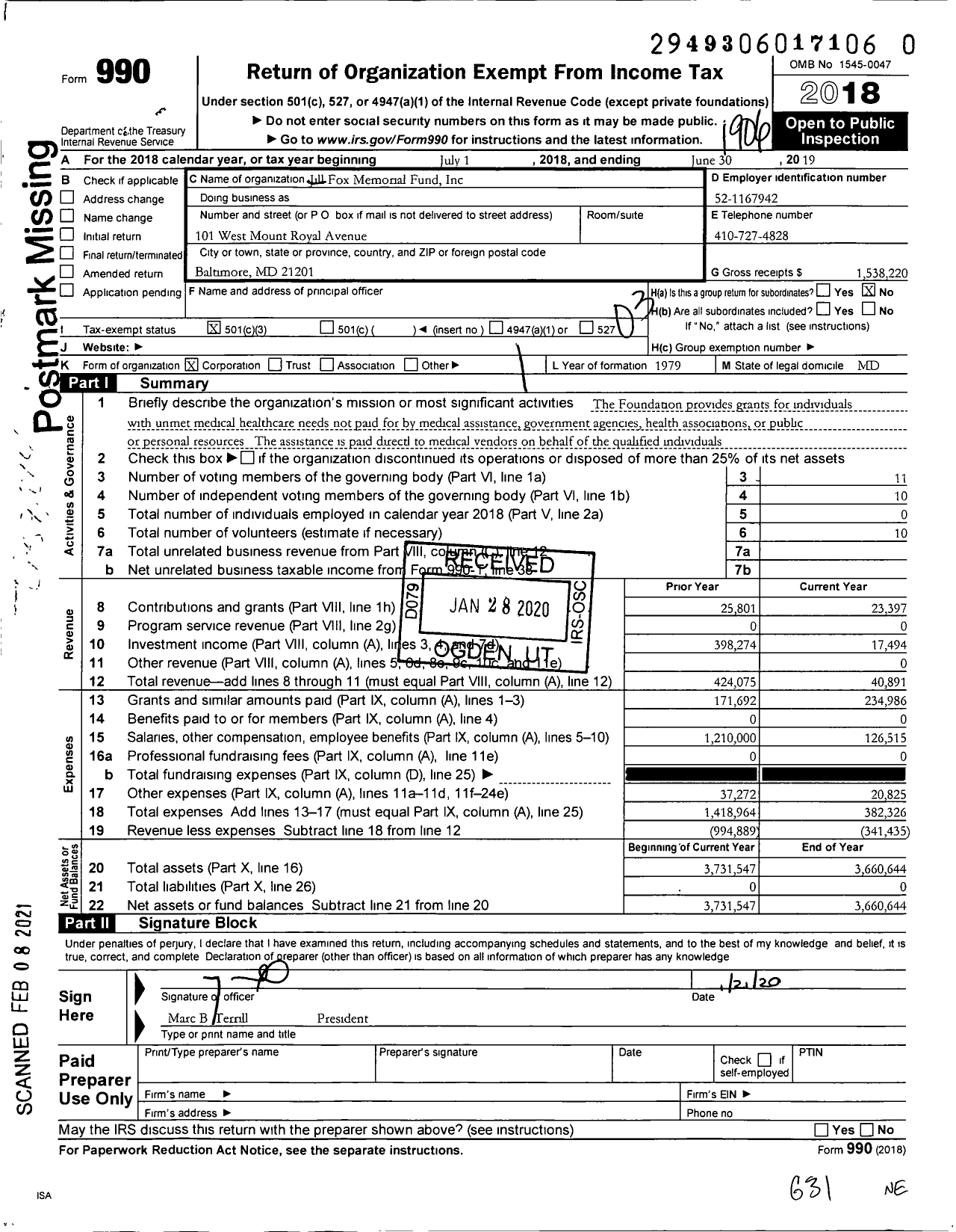Image of first page of 2018 Form 990 for Jill Fox Memorial Fund