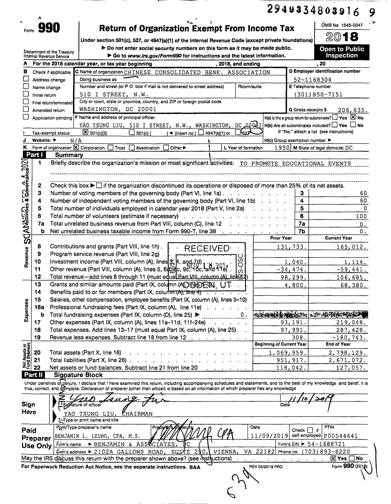 Image of first page of 2018 Form 990 for Chinese Consolidated Benevolent Association of Washington DC