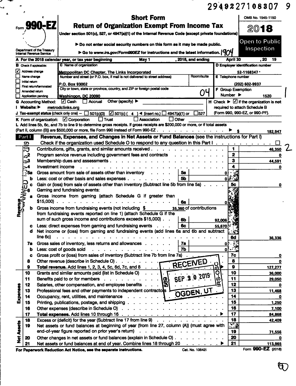 Image of first page of 2018 Form 990EO for Metropolitan DC Chapter The Links Incorporated