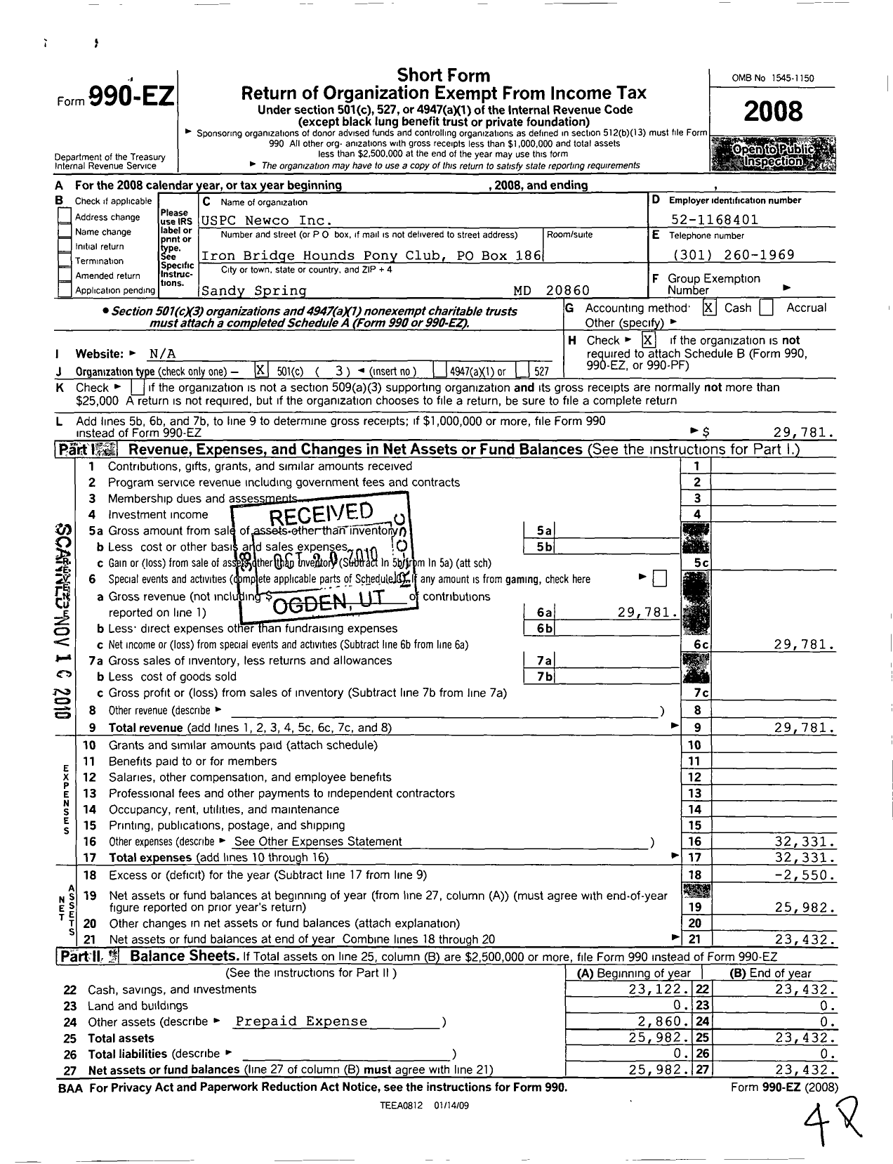 Image of first page of 2008 Form 990EZ for The United State Pony Clubs / Iron Bridge Hounds Pony Club