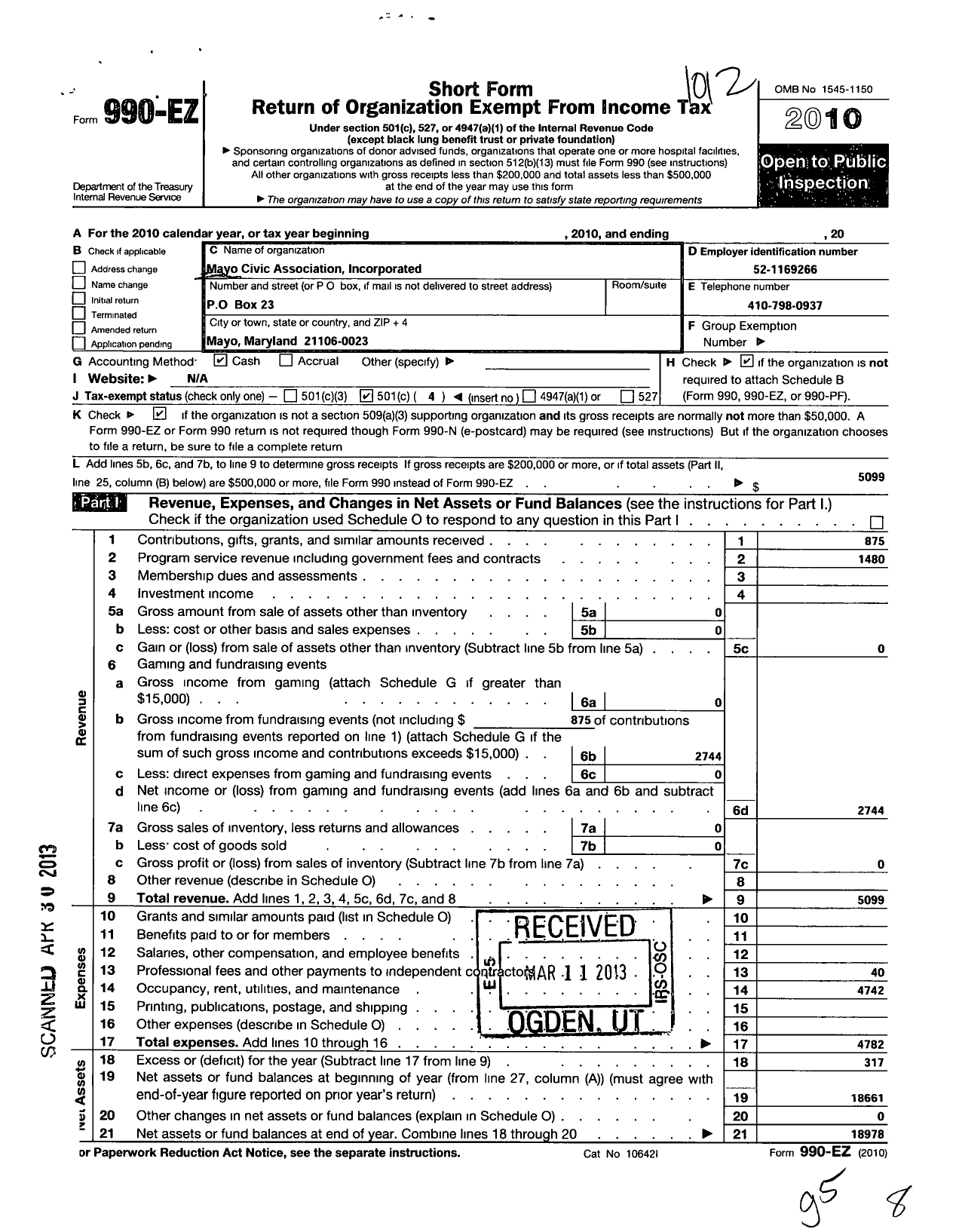 Image of first page of 2010 Form 990EO for Mayo Civic Association