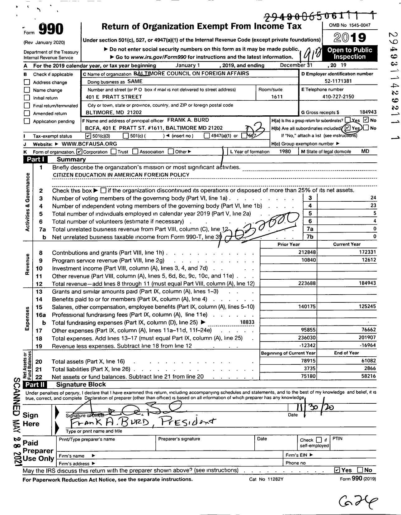 Image of first page of 2019 Form 990 for The Baltimore Council on Foreign Affairs Incorporated