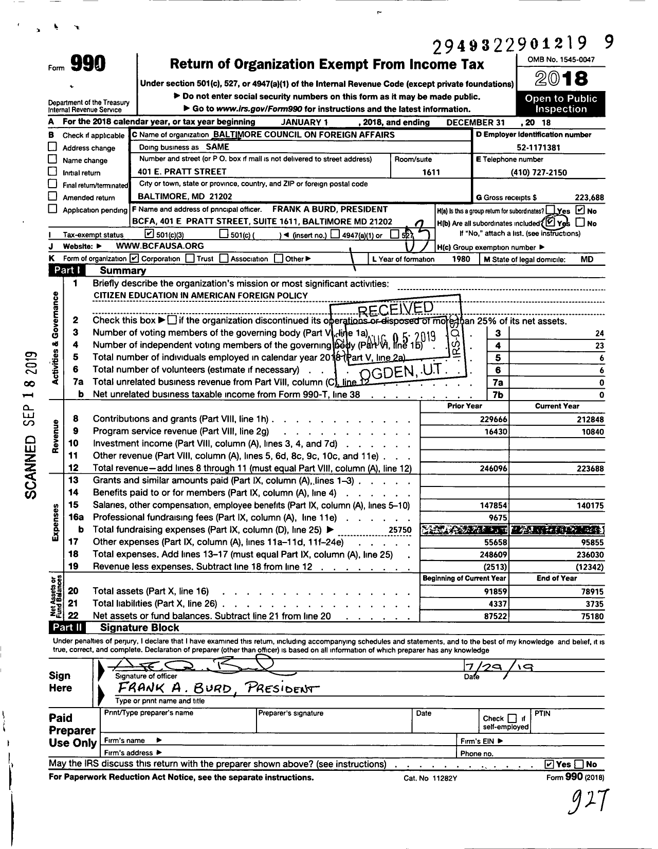 Image of first page of 2018 Form 990 for The Baltimore Council on Foreign Affairs Incorporated