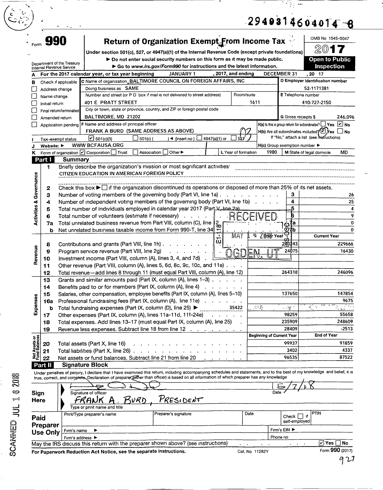 Image of first page of 2017 Form 990 for The Baltimore Council on Foreign Affairs Incorporated