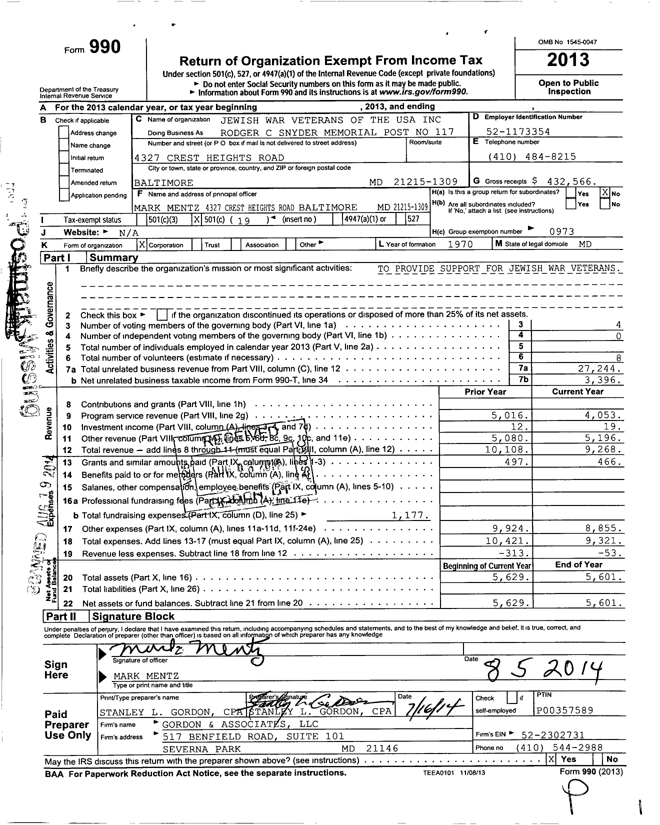 Image of first page of 2013 Form 990O for Jewish War Veterans of the United States of America - 117 Rodger C Snyder Post