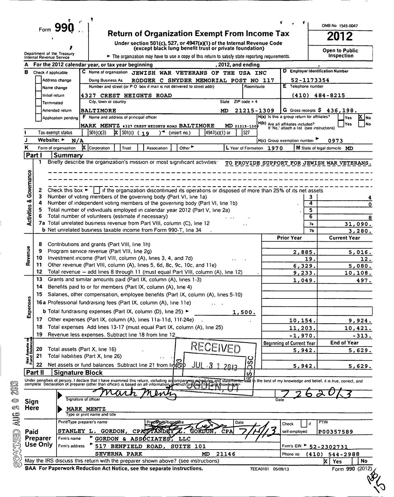 Image of first page of 2012 Form 990O for Jewish War Veterans of the United States of America - 117 Rodger C Snyder Post