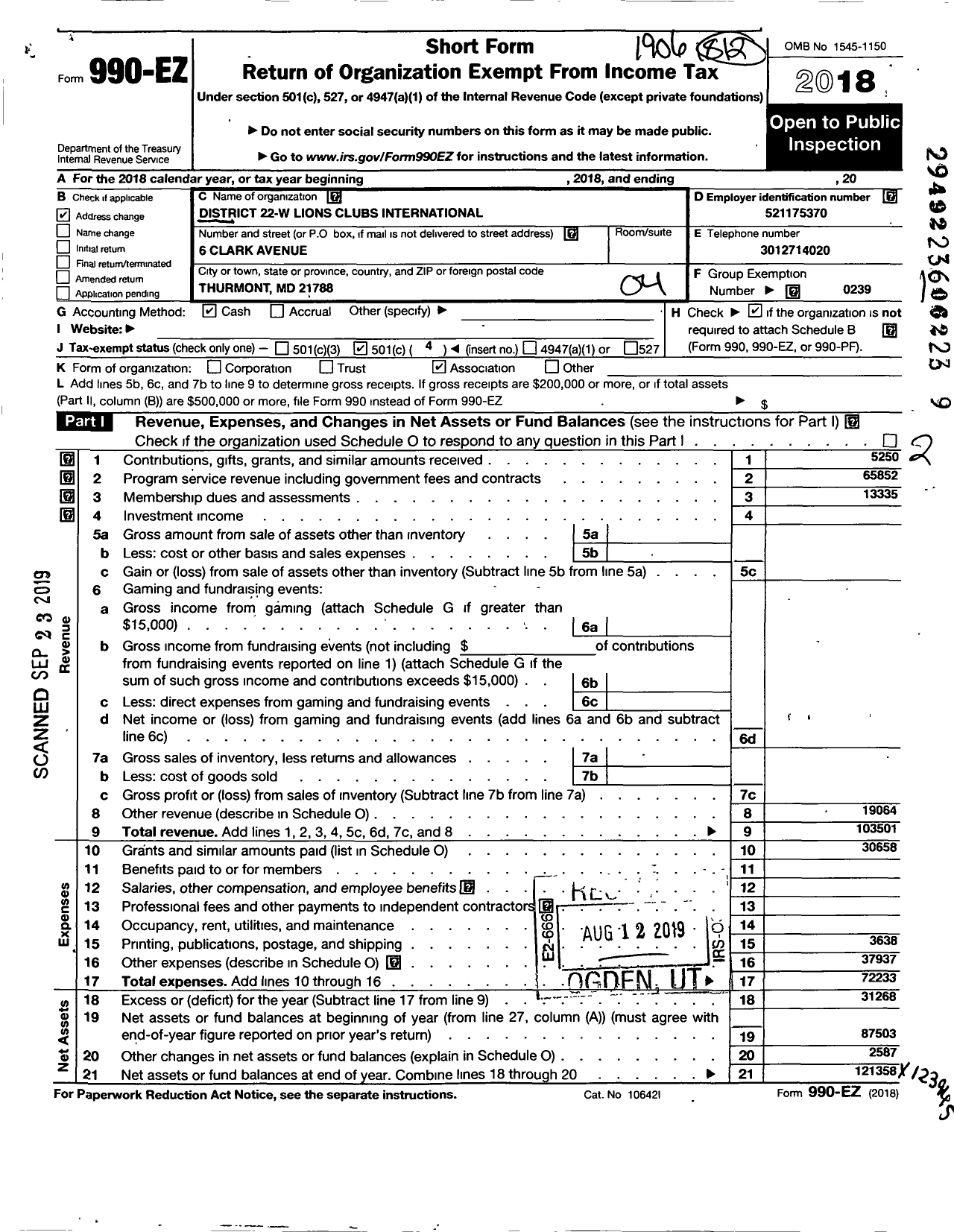 Image of first page of 2018 Form 990EO for Lions Clubs - 65717 22 W District