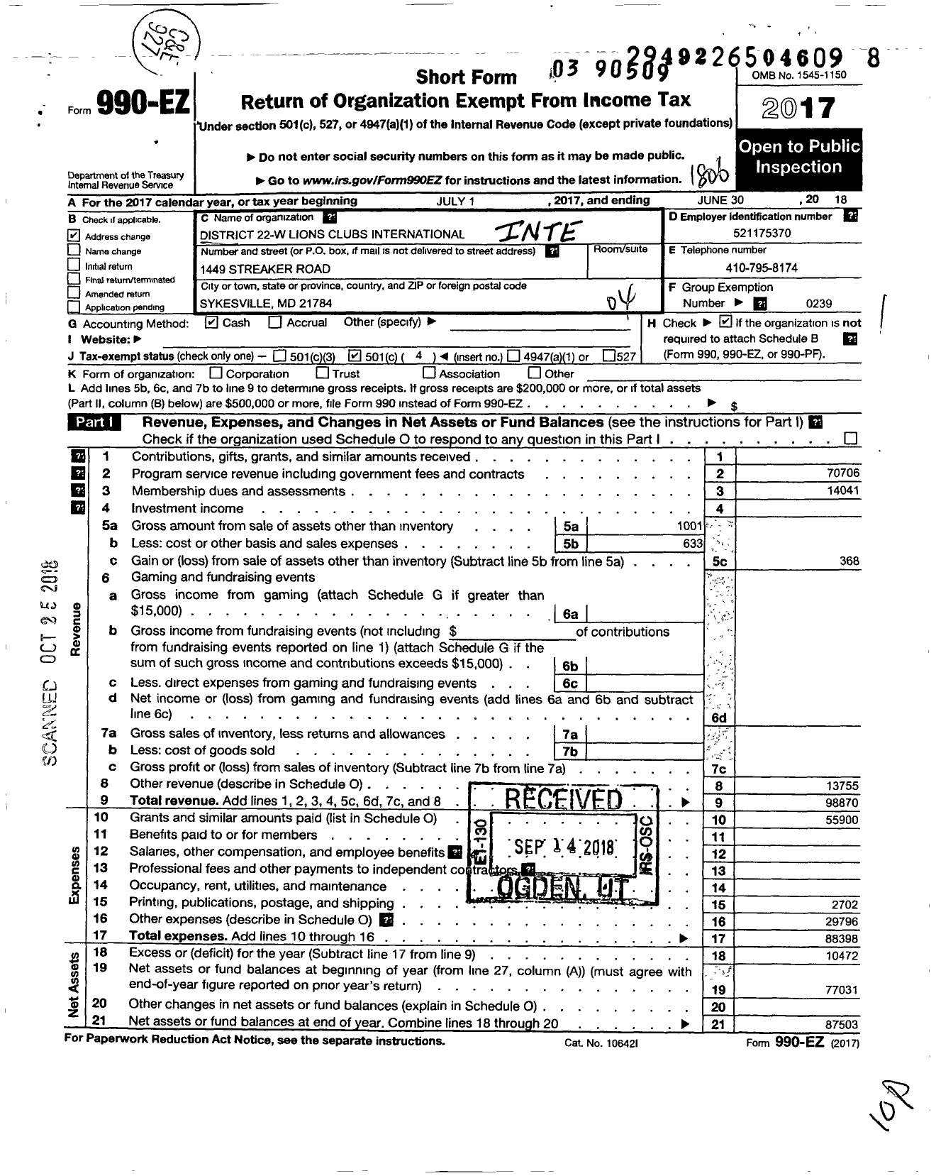 Image of first page of 2017 Form 990EO for Lions Clubs - 65717 22 W District