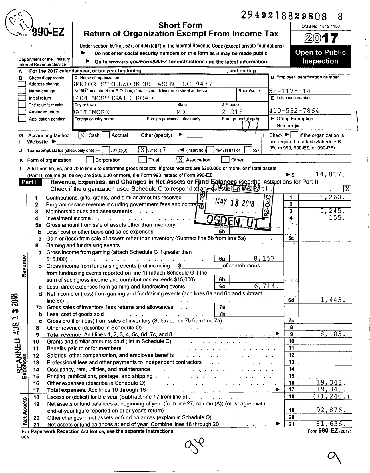 Image of first page of 2017 Form 990EO for Senior Steelworkers Association of Local 9477