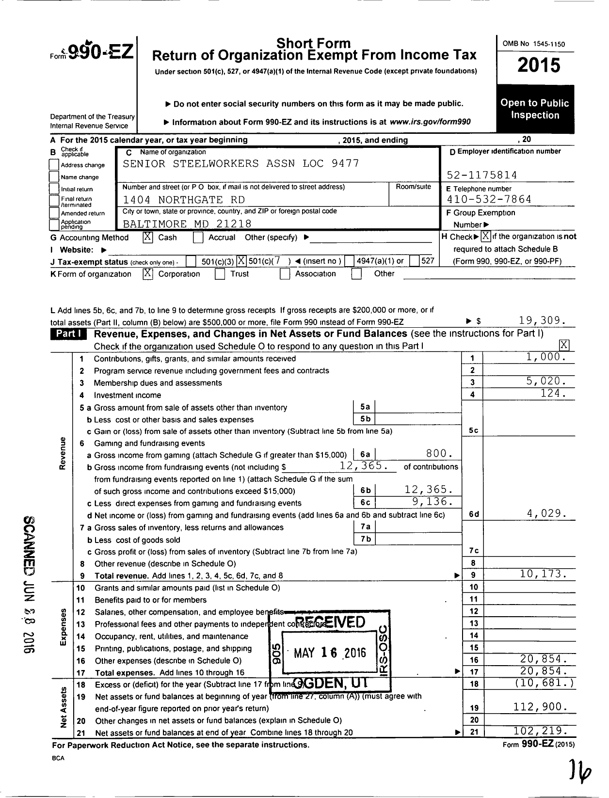 Image of first page of 2015 Form 990EO for Senior Steelworkers Association of Local 9477