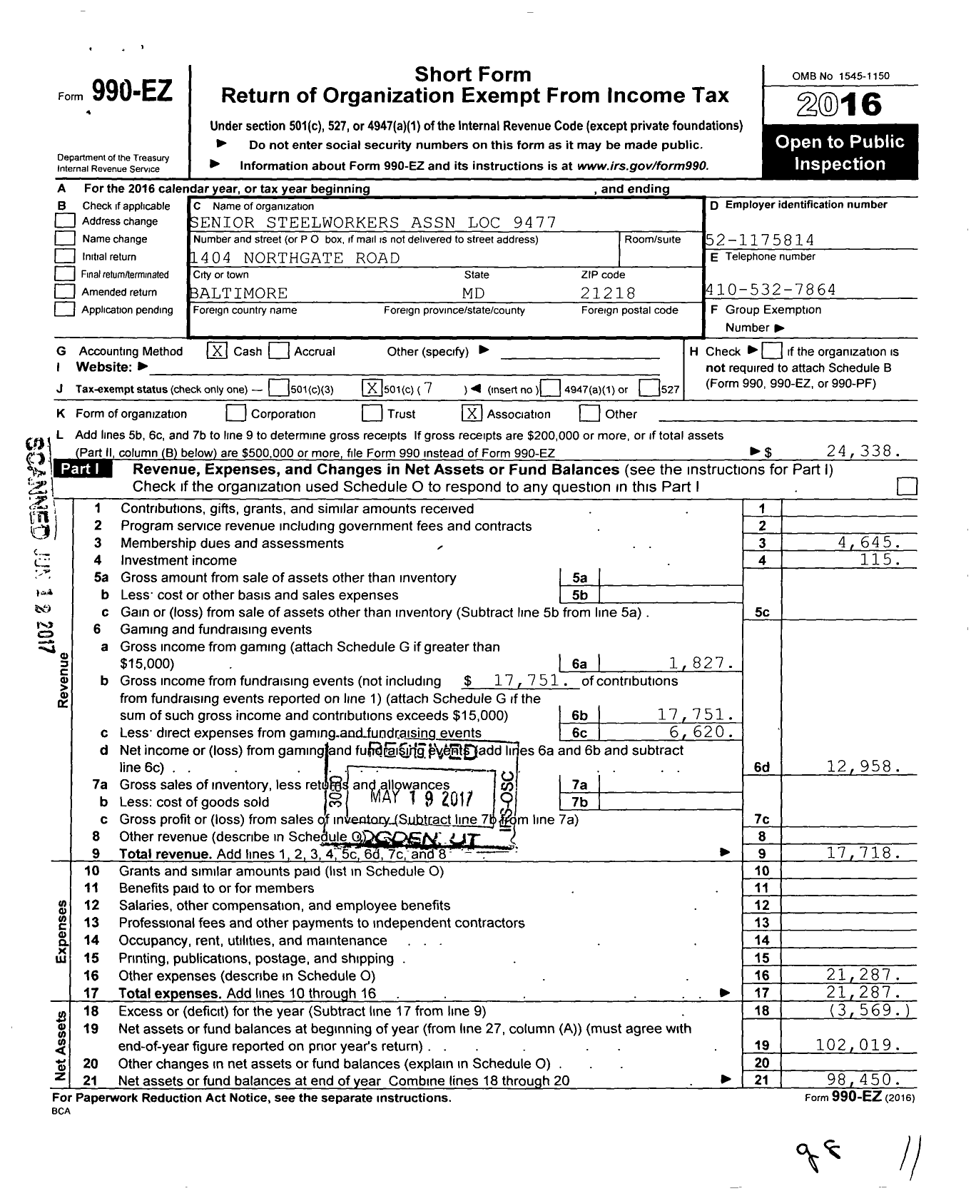 Image of first page of 2016 Form 990EO for Senior Steelworkers Association of Local 9477