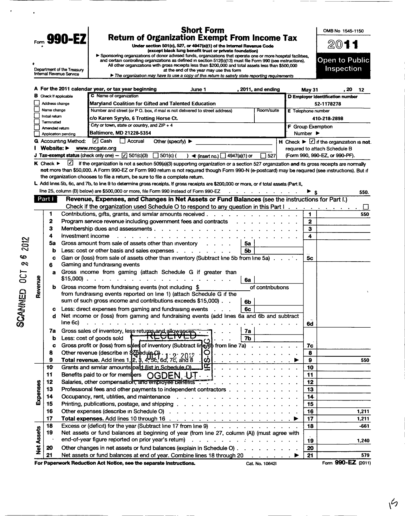 Image of first page of 2011 Form 990EZ for Maryland Coalition for Gifted and Talented Education