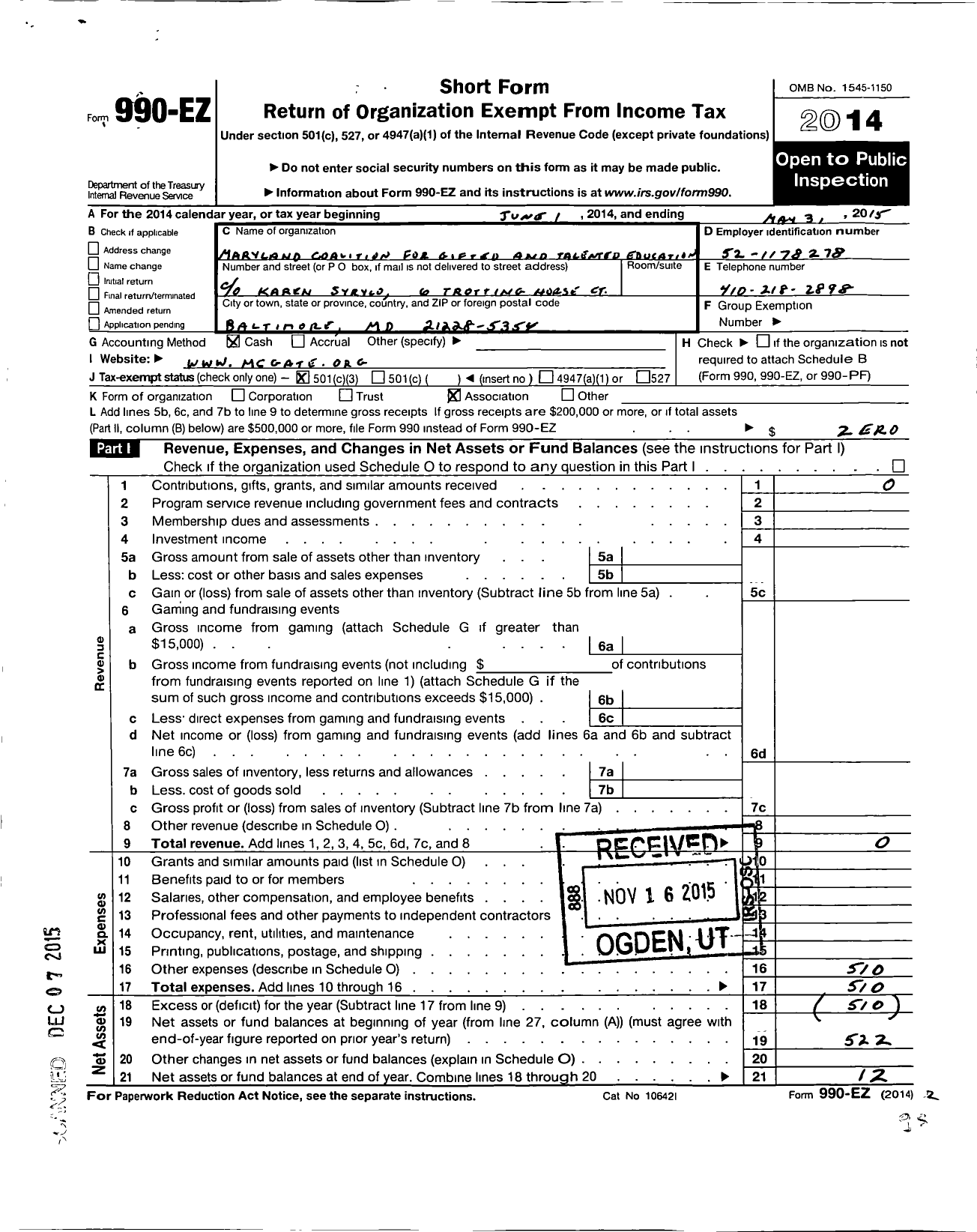 Image of first page of 2014 Form 990EZ for Maryland Coalition for Gifted and Talented Education