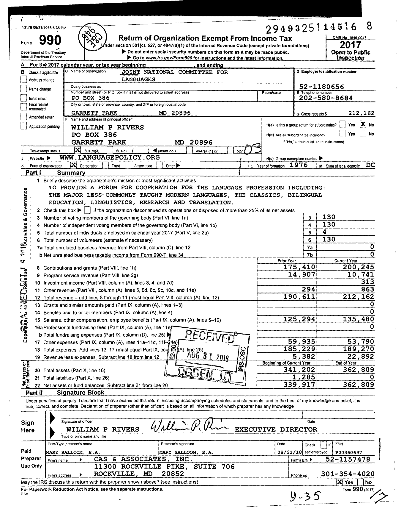 Image of first page of 2017 Form 990 for Joint National Committee for Languages