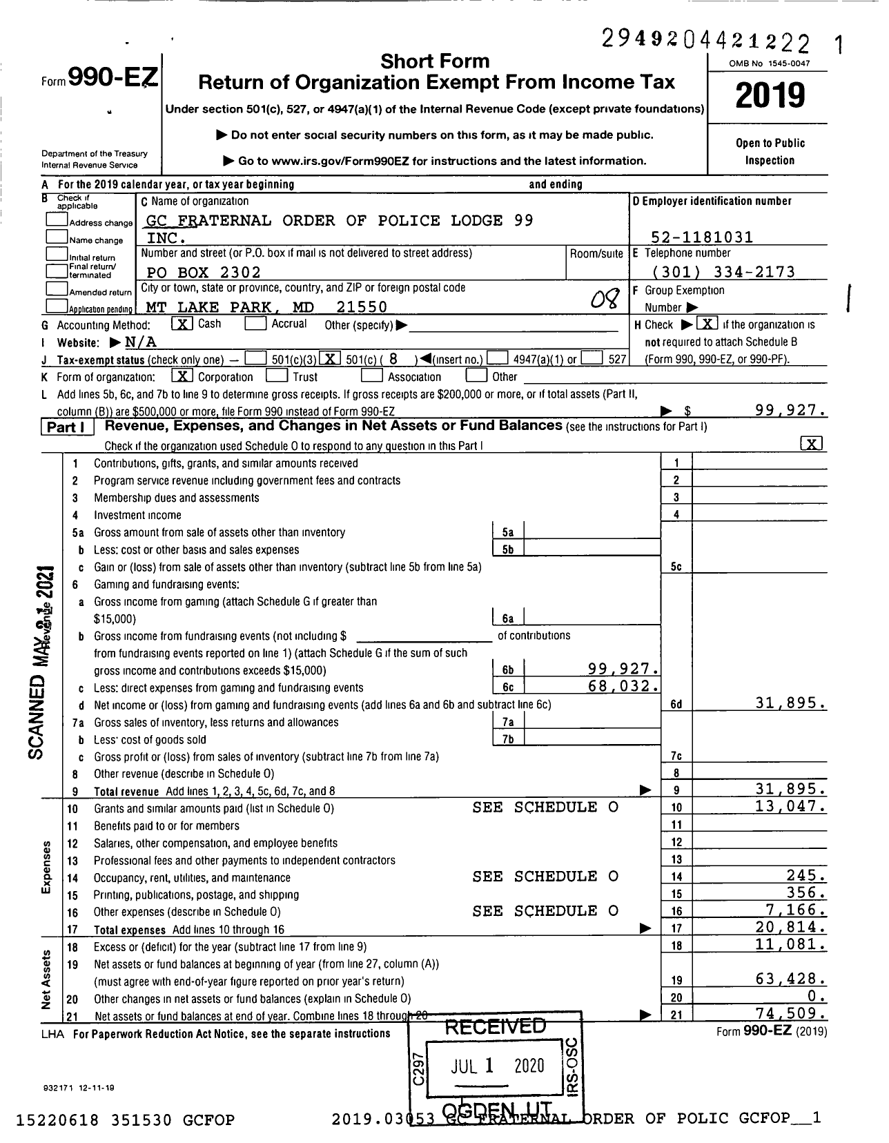 Image of first page of 2019 Form 990EO for Fraternal Order of Police - 99 Garrett County Lodge