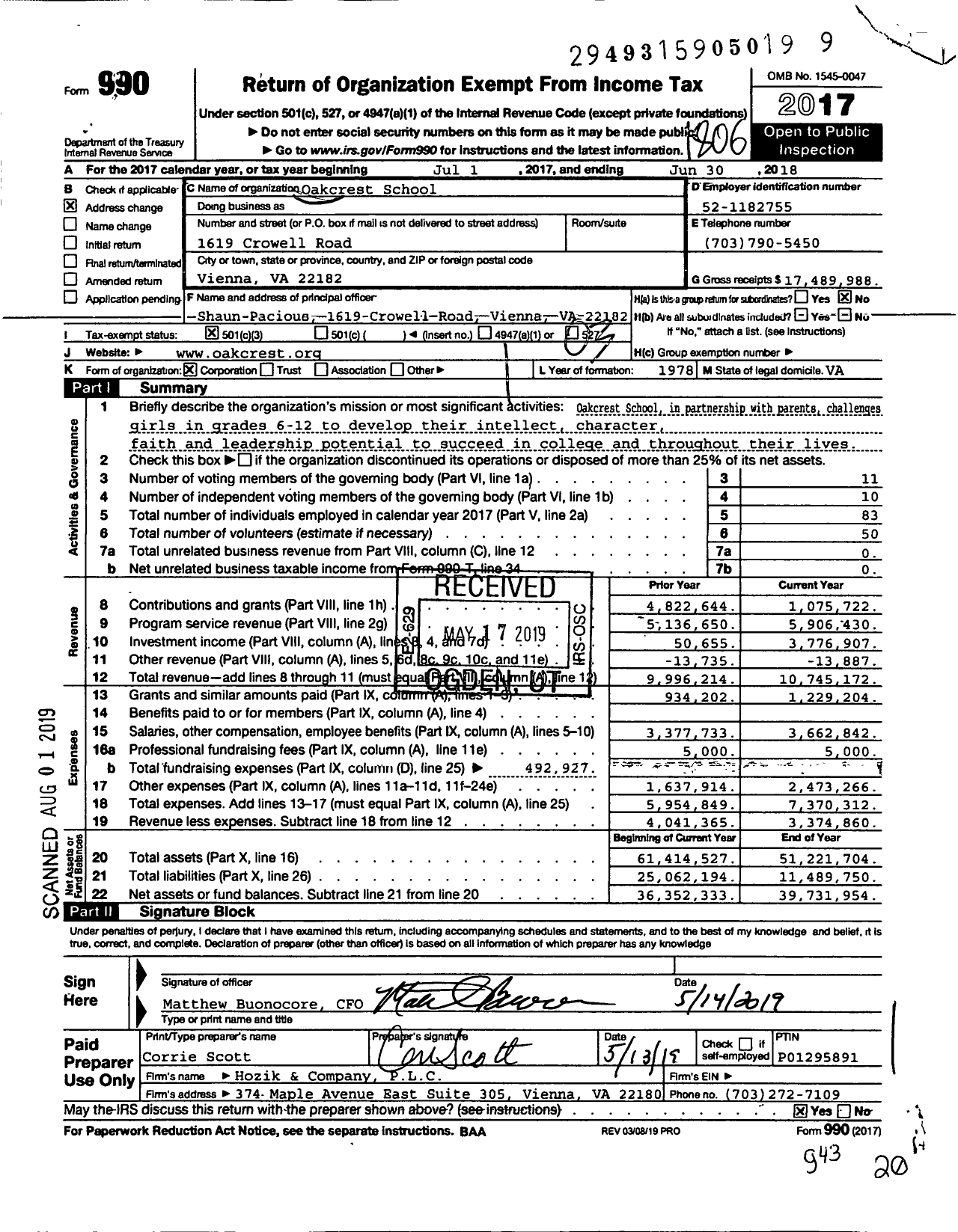 Image of first page of 2017 Form 990 for Oakcrest School
