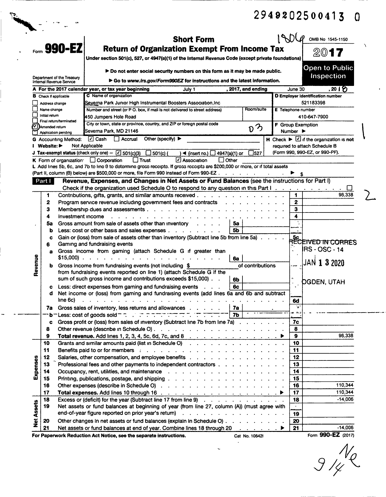 Image of first page of 2017 Form 990EZ for Severna Park Middle School Music Boosters