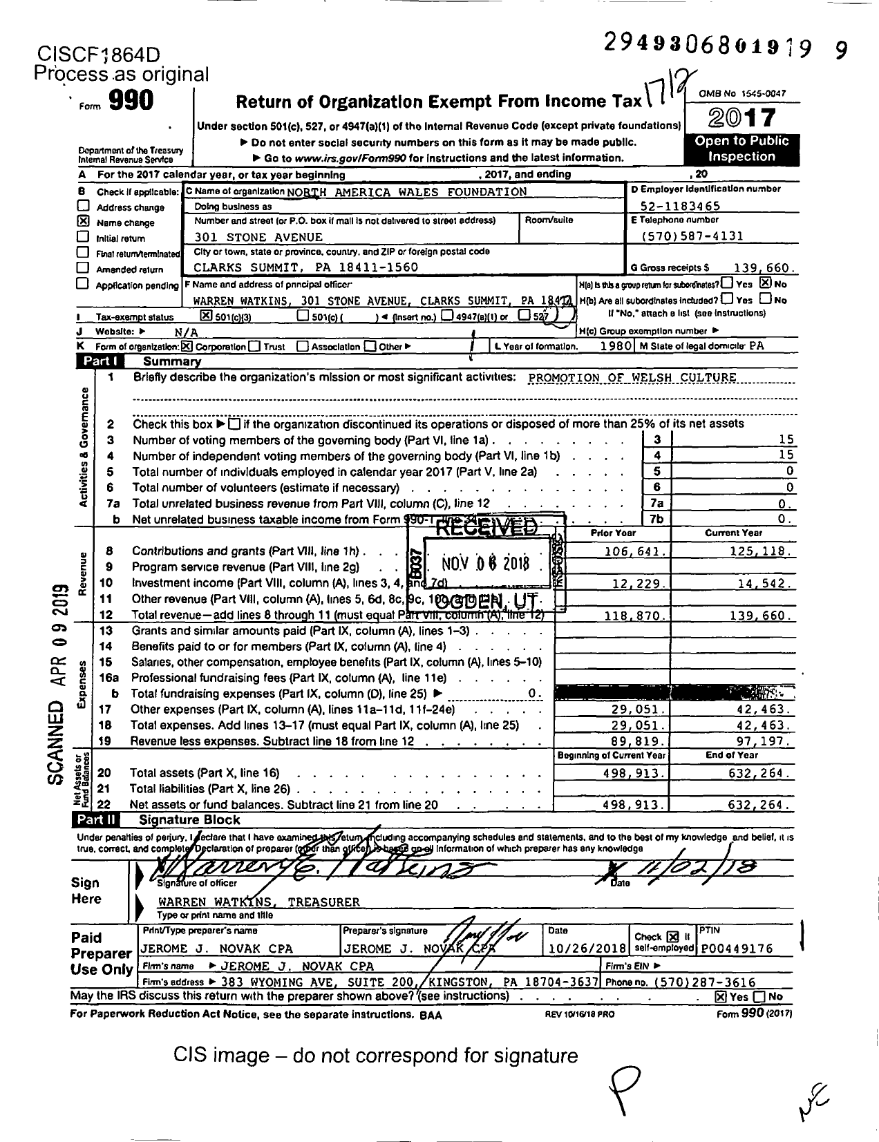 Image of first page of 2017 Form 990 for North America Wales Foundation