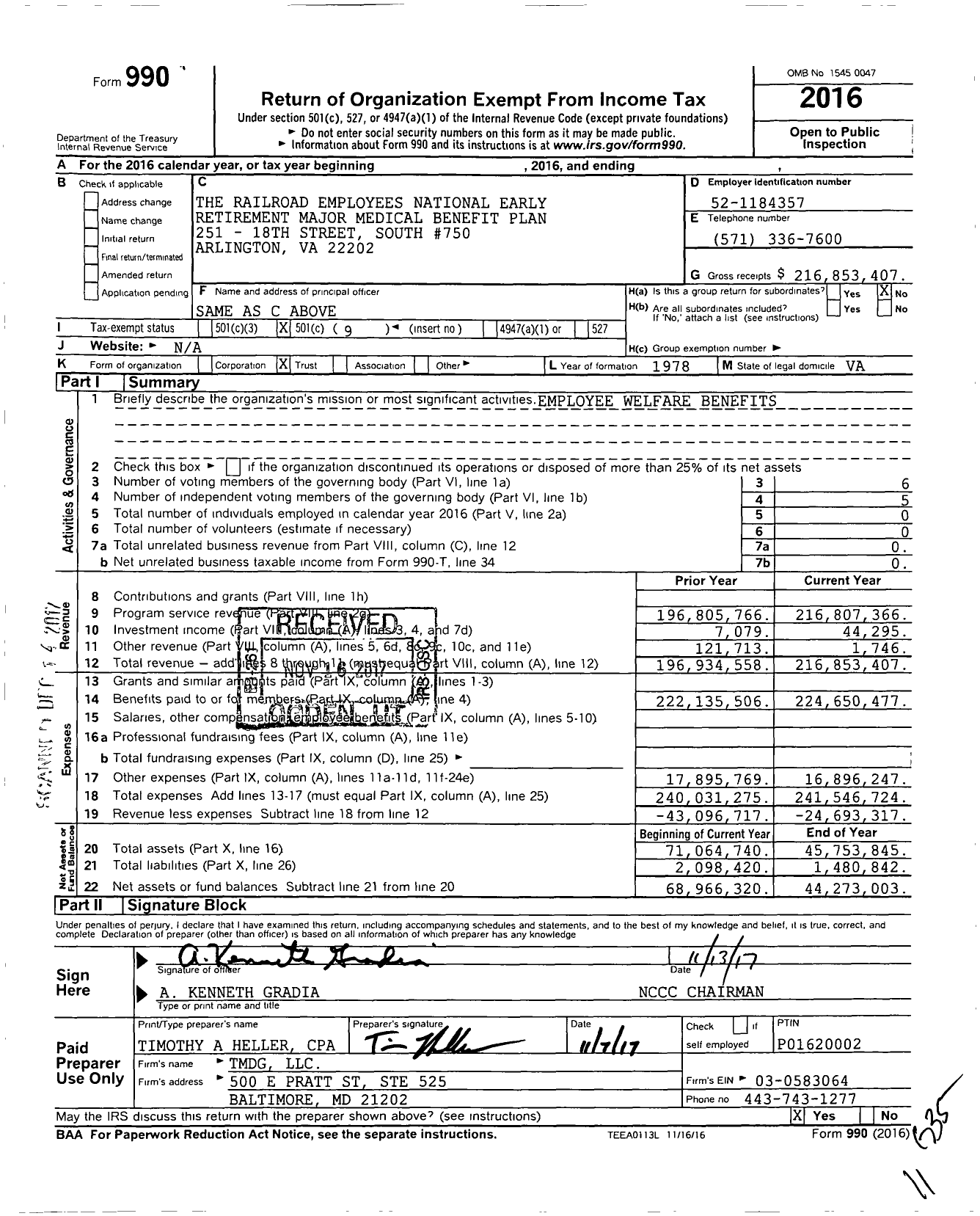 Image of first page of 2016 Form 990O for Railroad Employees National Early Retirement Major Medical Benefit Plan