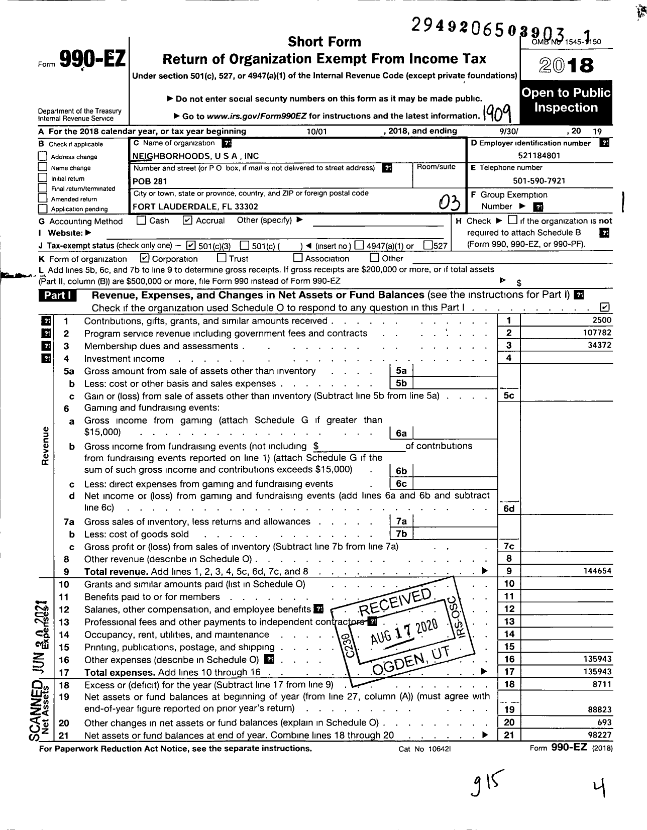 Image of first page of 2018 Form 990EZ for Neighborhoods U S A