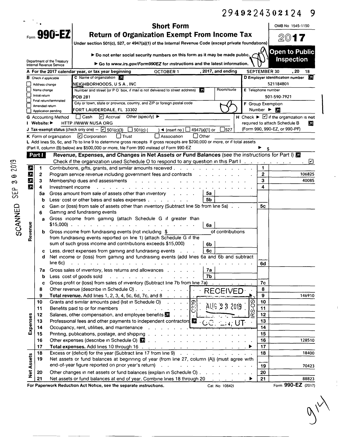 Image of first page of 2017 Form 990EZ for Neighborhoods U S A