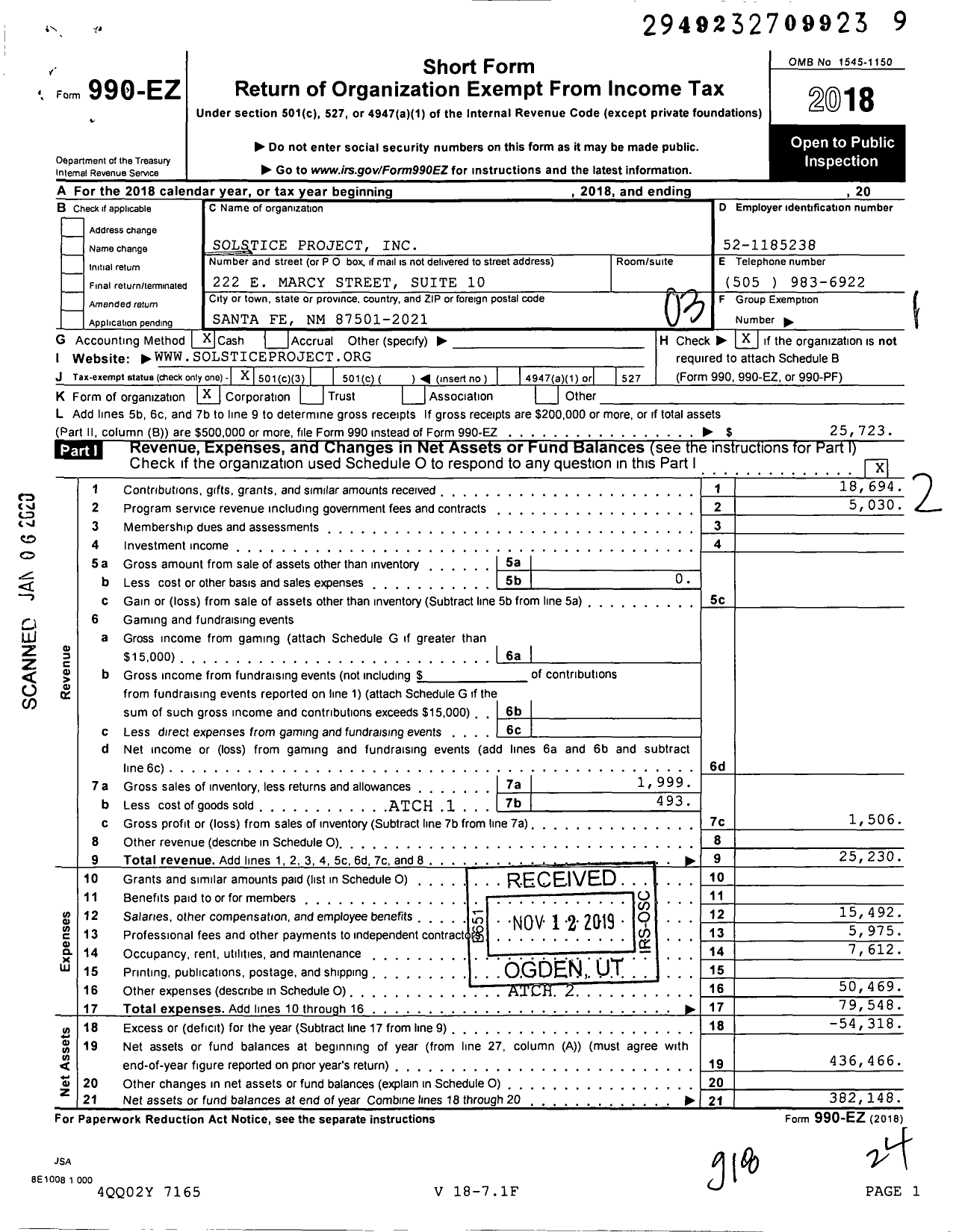 Image of first page of 2018 Form 990EZ for Solstice Project