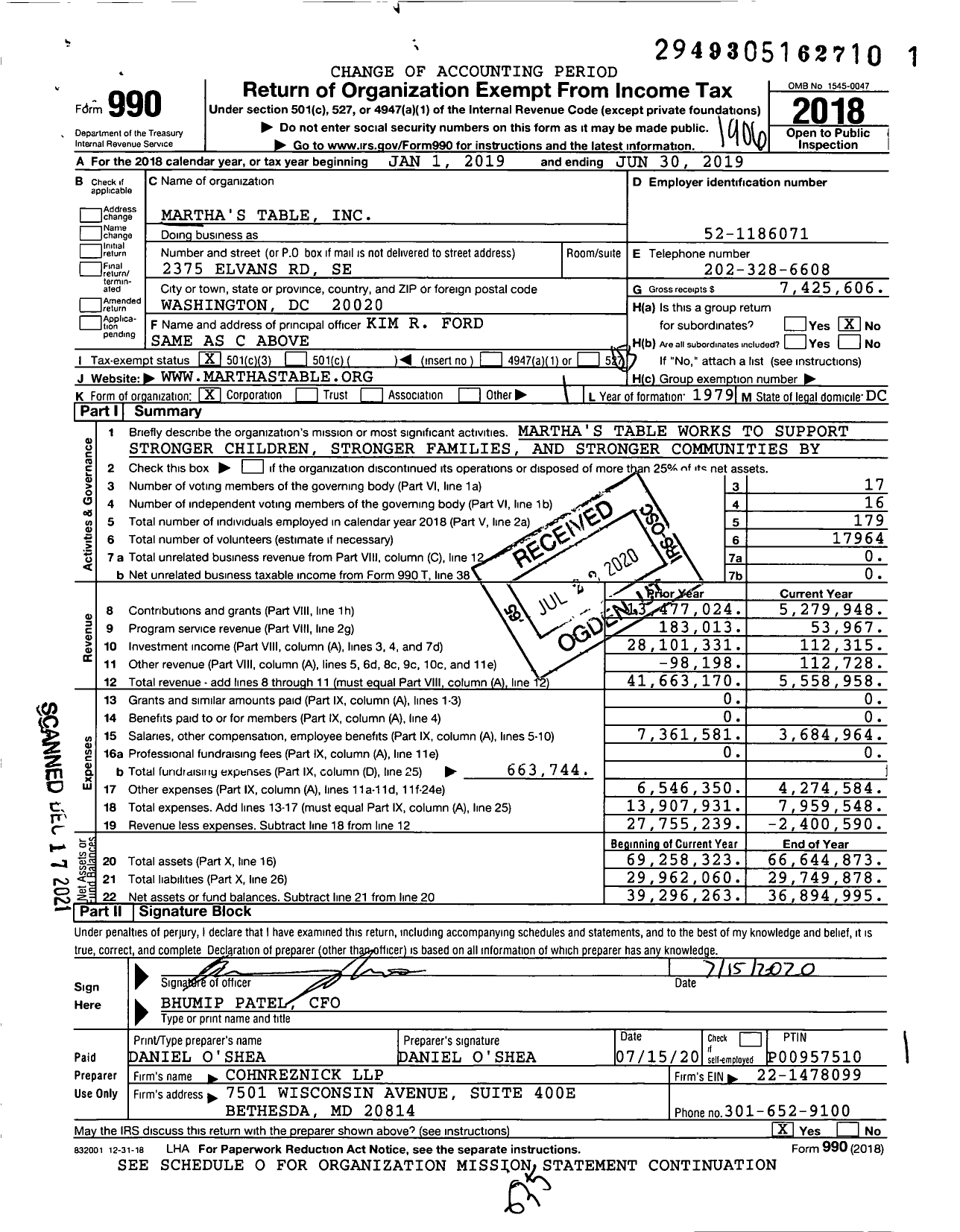 Image of first page of 2018 Form 990 for Martha's Table