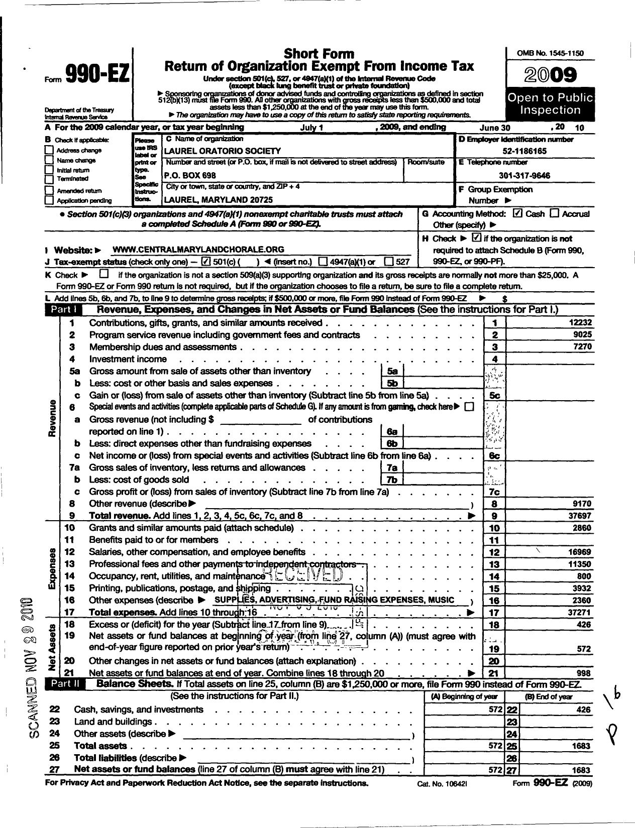 Image of first page of 2009 Form 990EO for The Laurel Oratorio Society