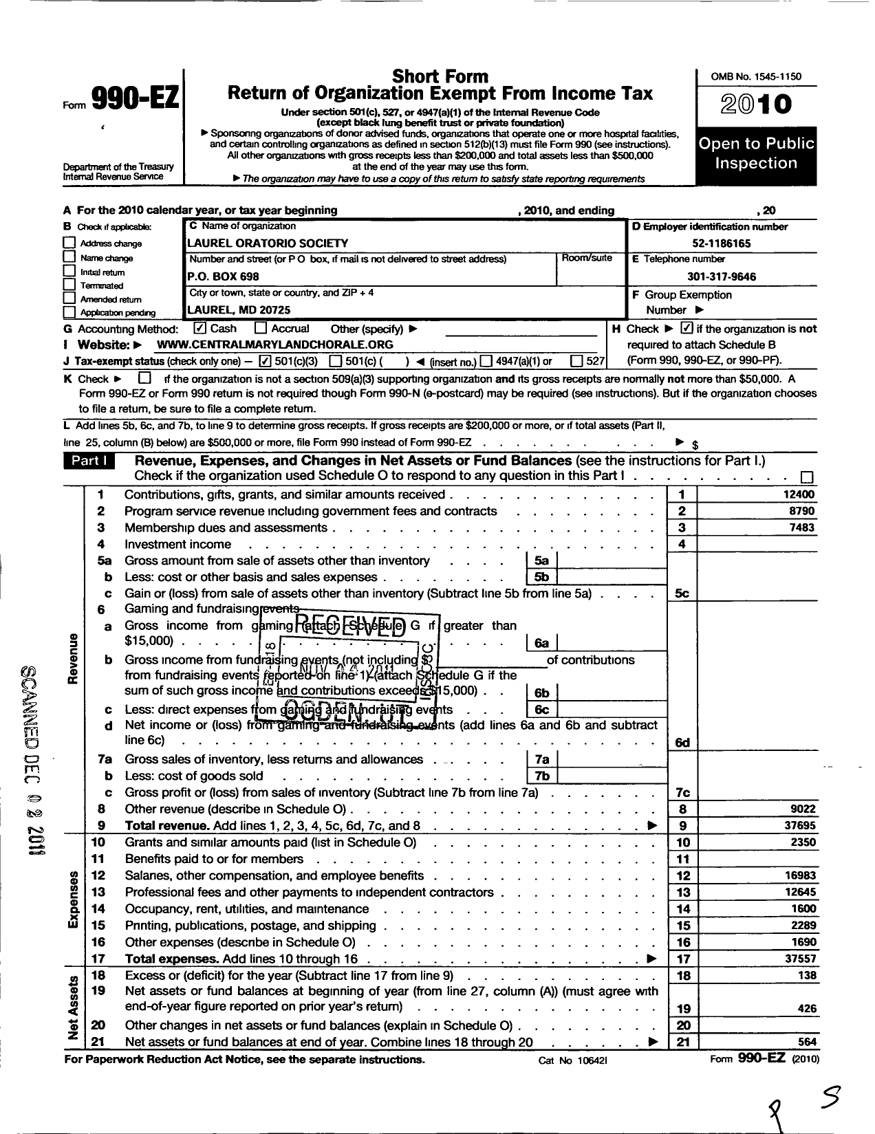 Image of first page of 2010 Form 990EZ for The Laurel Oratorio Society