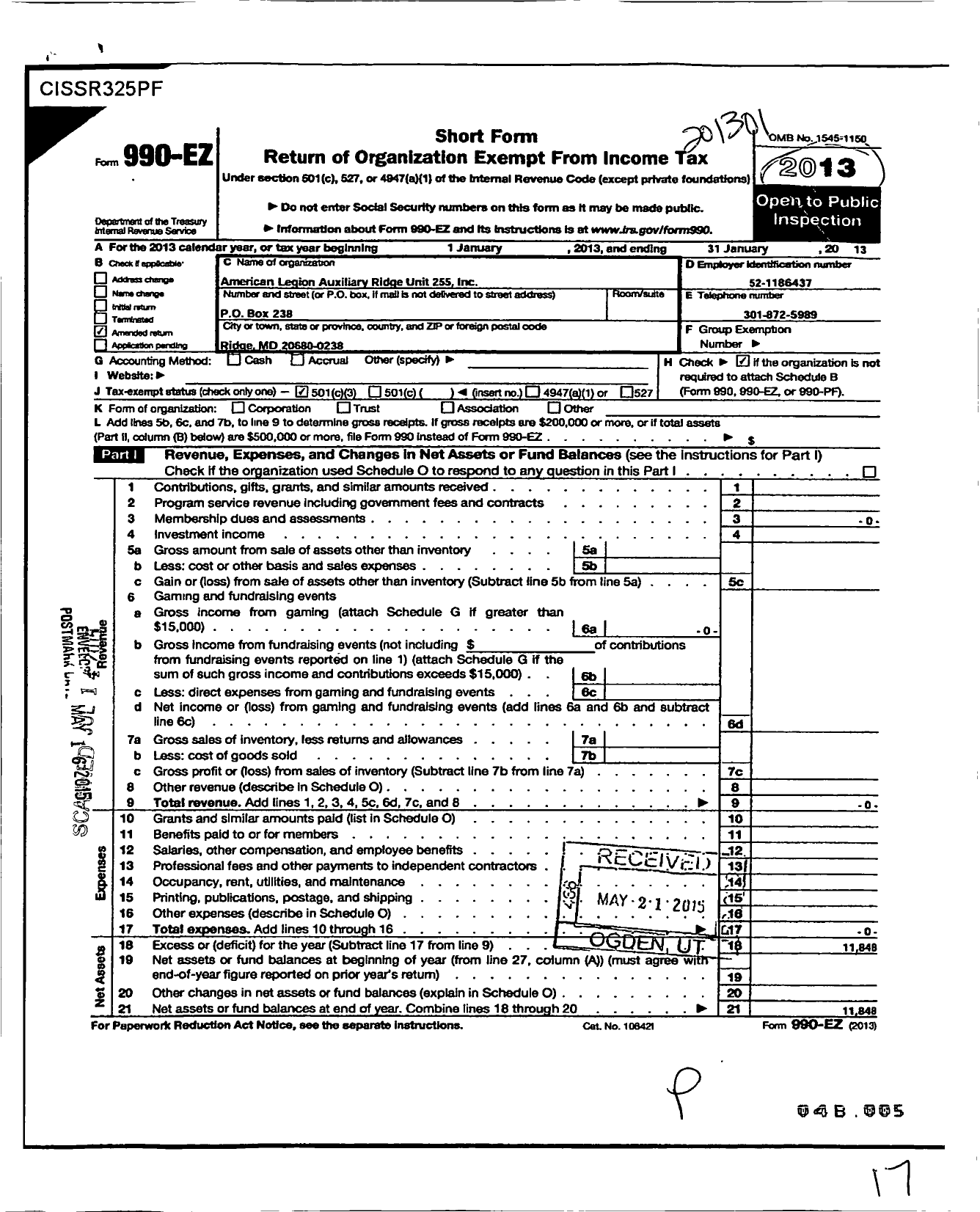 Image of first page of 2012 Form 990EZ for American Legion Auxiliary - 255 Ridge