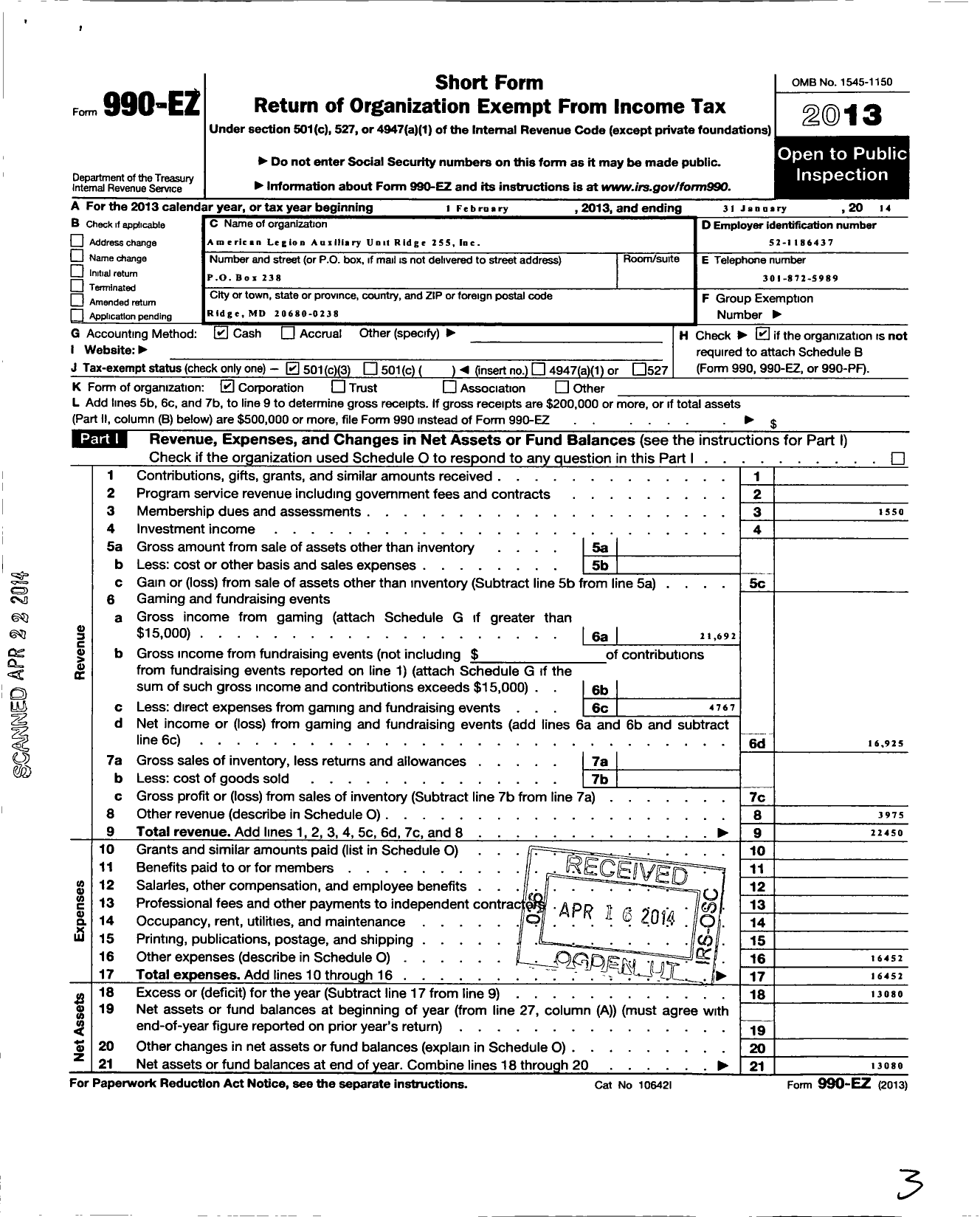 Image of first page of 2013 Form 990EZ for American Legion Auxiliary - 255 Ridge