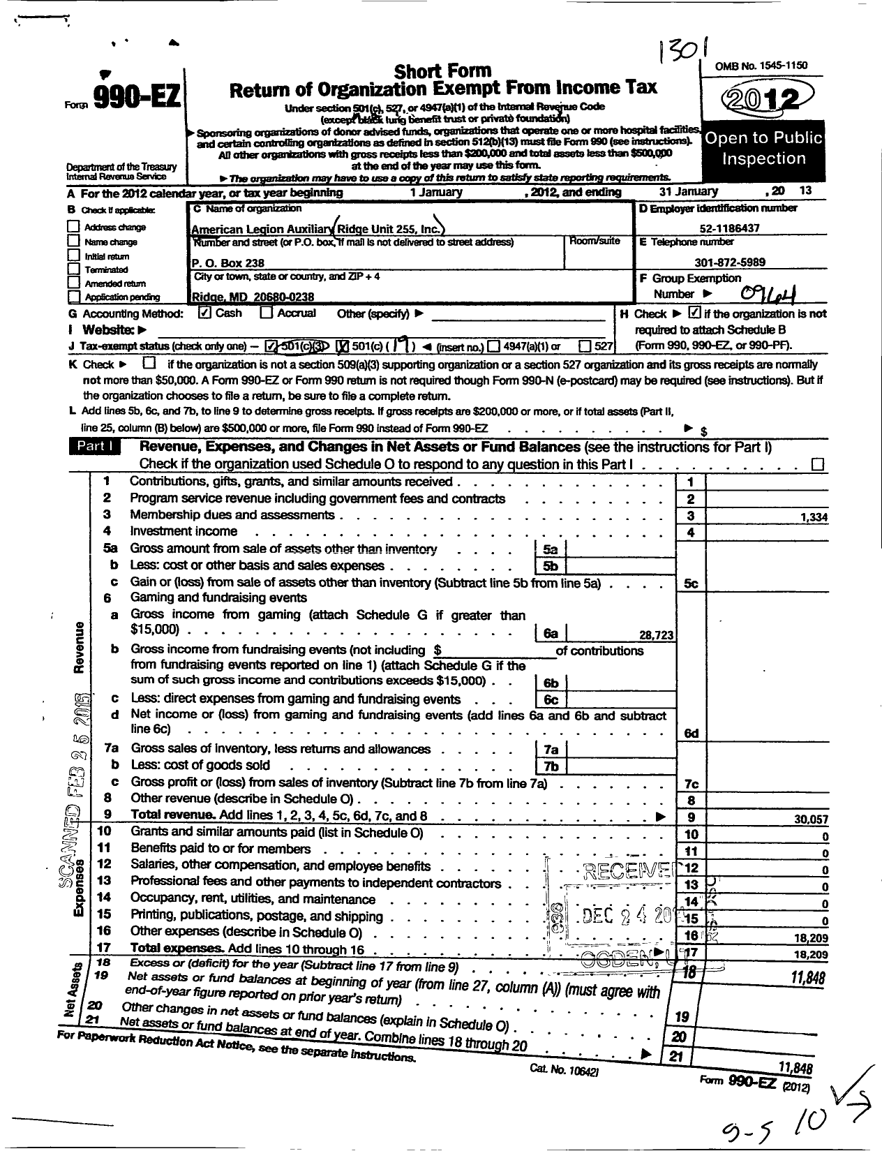 Image of first page of 2012 Form 990EO for American Legion Auxiliary - 255 Ridge